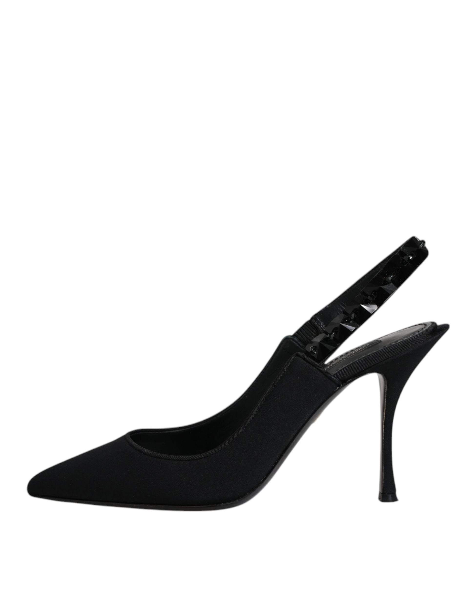 Schwarze, verzierte Charmeuse-Slingback-Schuhe