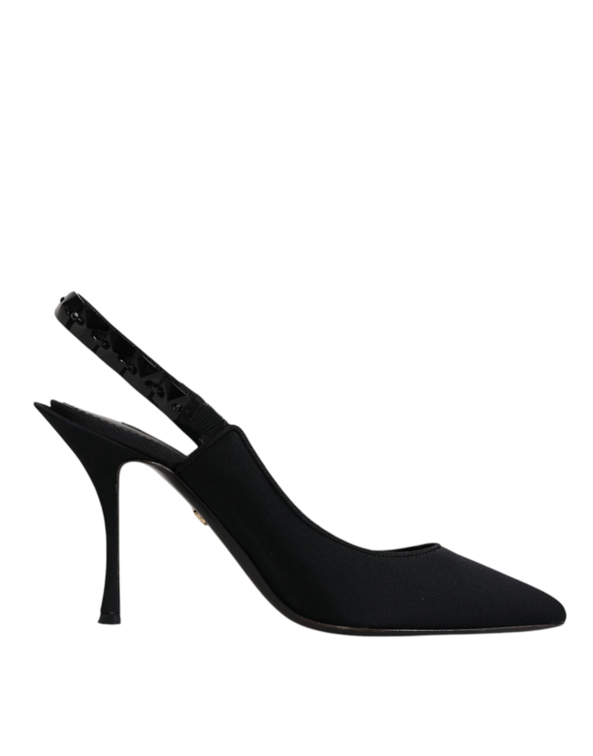 Schwarze, verzierte Charmeuse-Slingback-Schuhe
