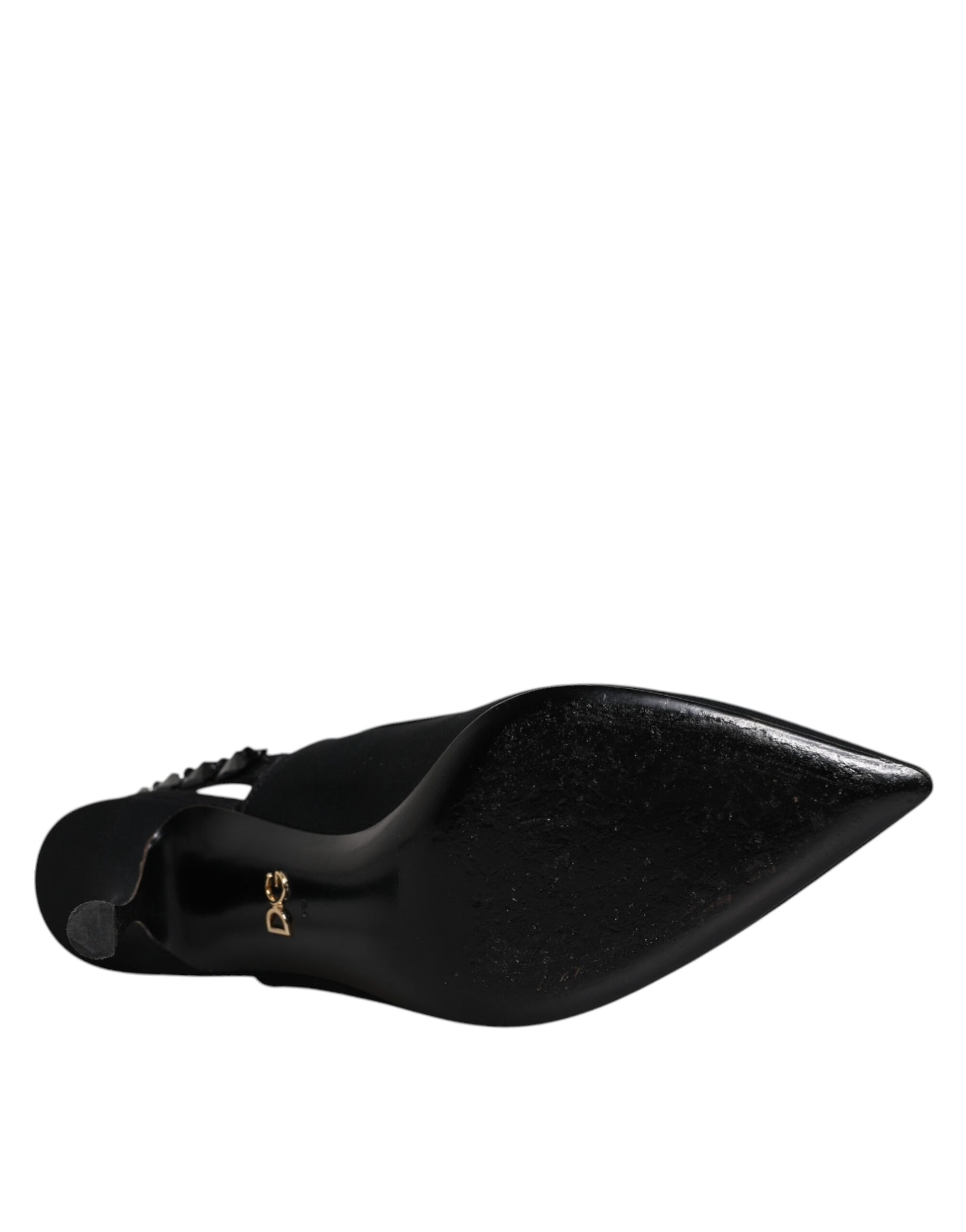 Schwarze, verzierte Charmeuse-Slingback-Schuhe