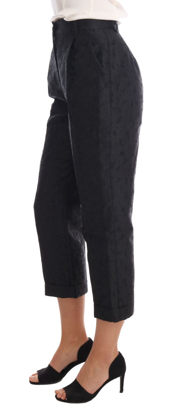Schwarze Caprihose aus Brokat mit Blumenmuster