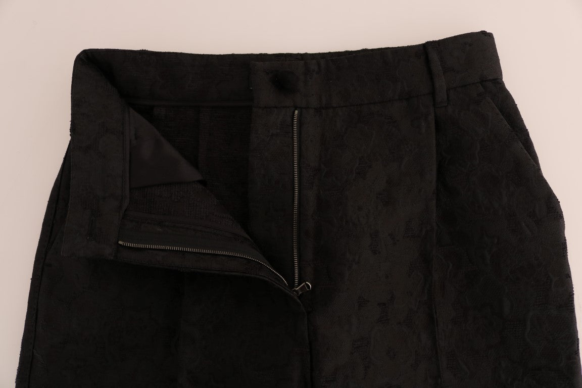 Schwarze Caprihose aus Brokat mit Blumenmuster