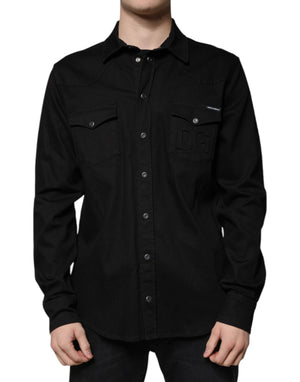 Schwarzes Button-Down-Hemd aus Baumwolle mit Kragen