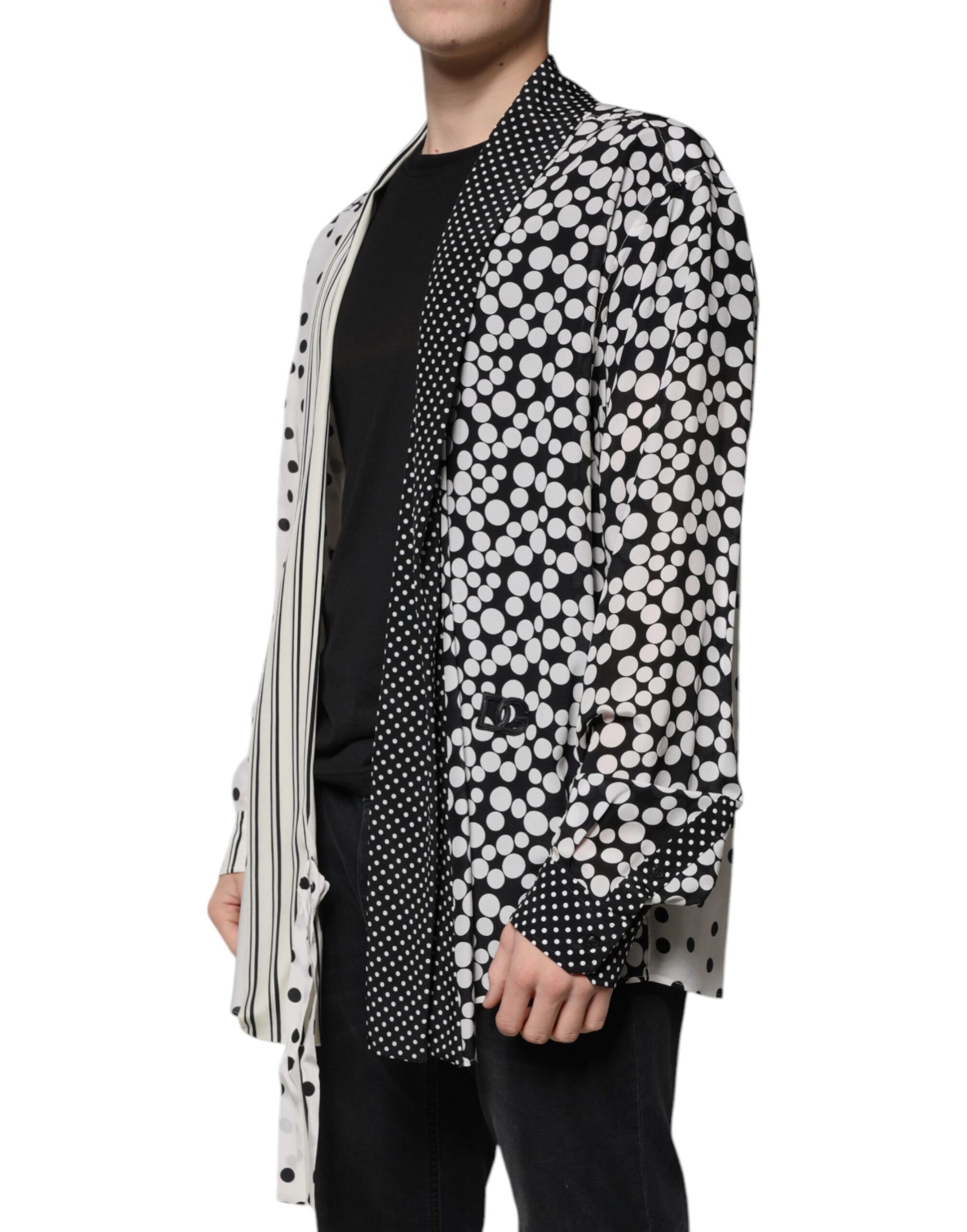 Schwarz-weißes Polka Dots Seidenhemd für Herren
