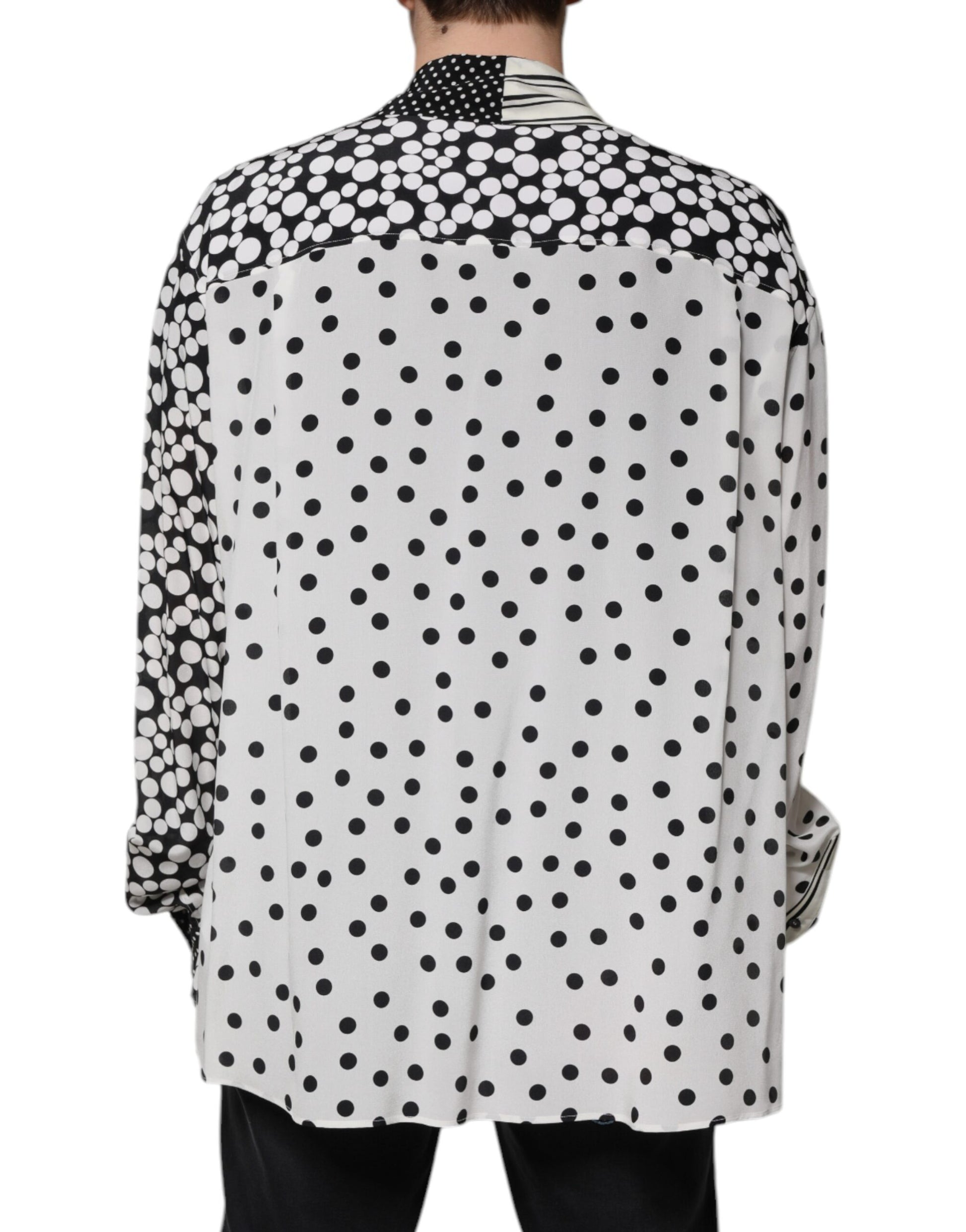 Schwarz-weißes Polka Dots Seidenhemd für Herren