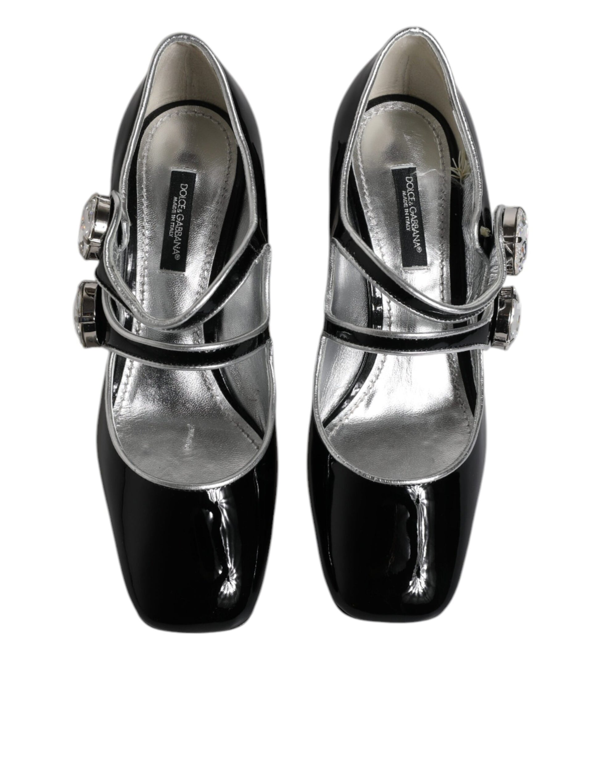 Schwarze Mary Jane Pumps aus Lackleder mit Kristallen