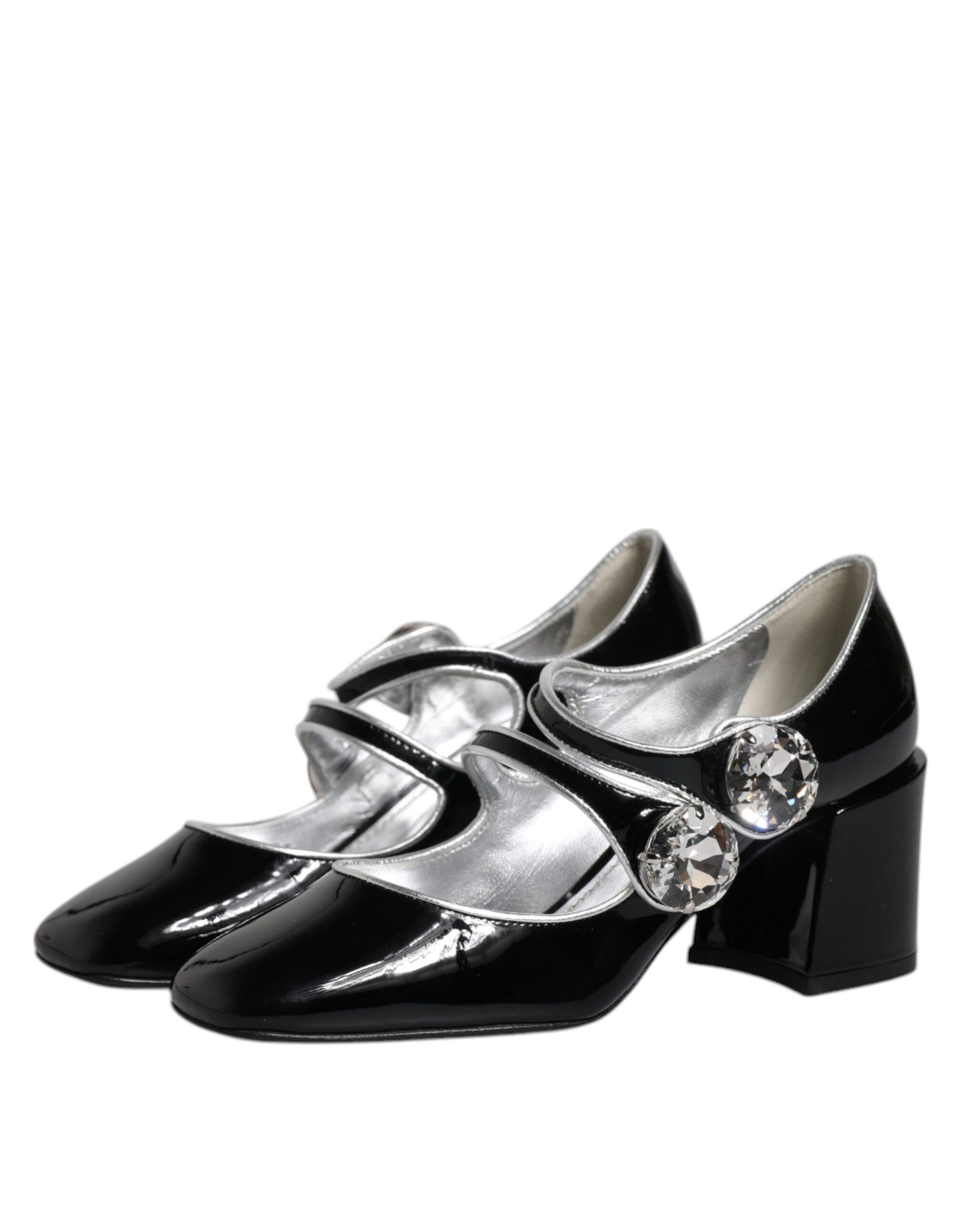 Schwarze Mary Jane Pumps aus Lackleder mit Kristallen