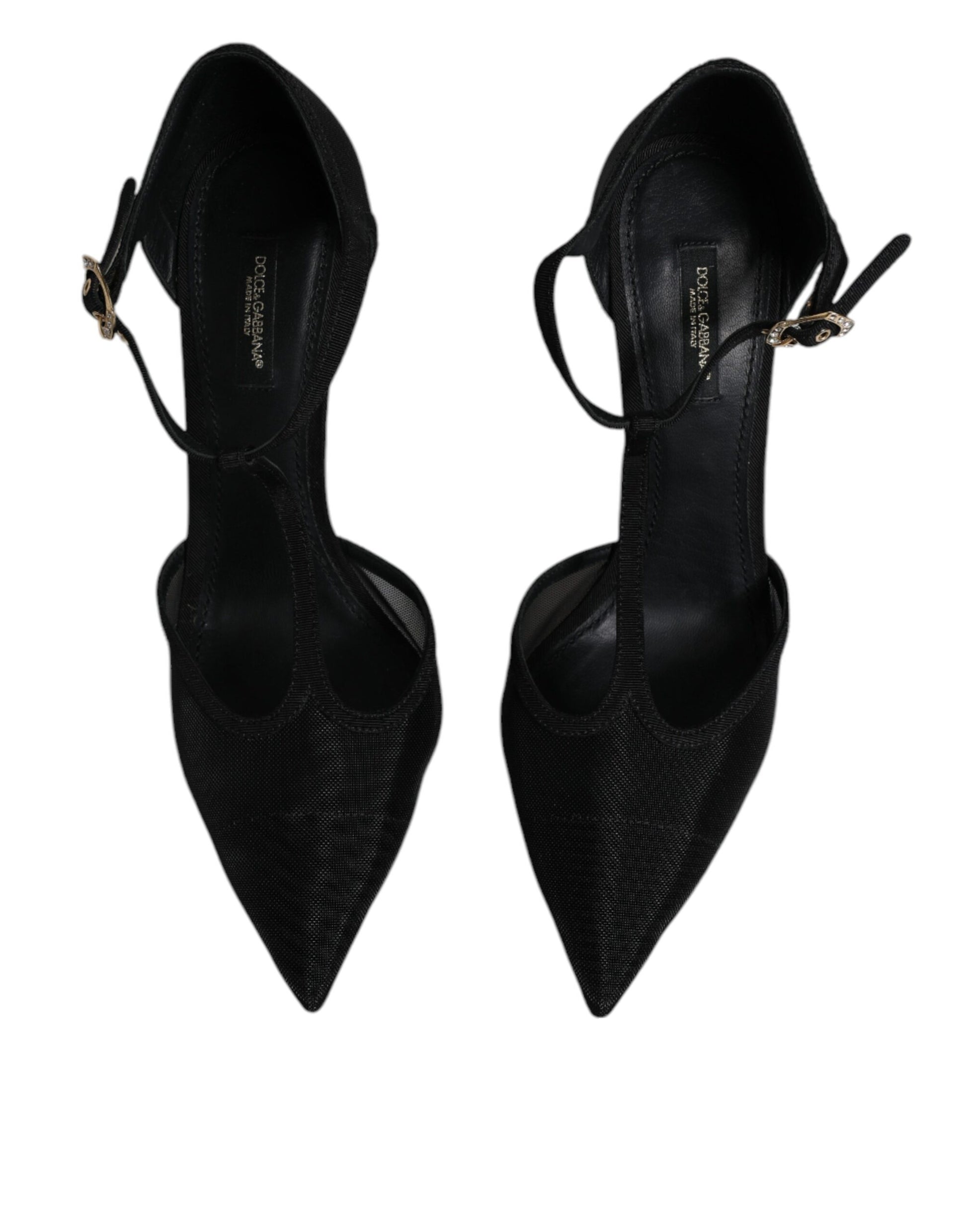 Schwarze High Heels mit T-Riemen aus Mesh und Stiletto