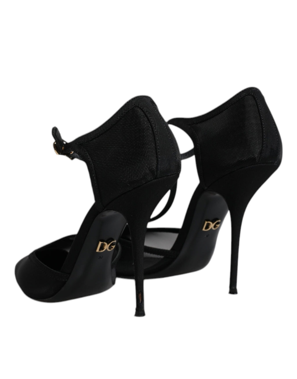 Schwarze High Heels mit T-Riemen aus Mesh und Stiletto