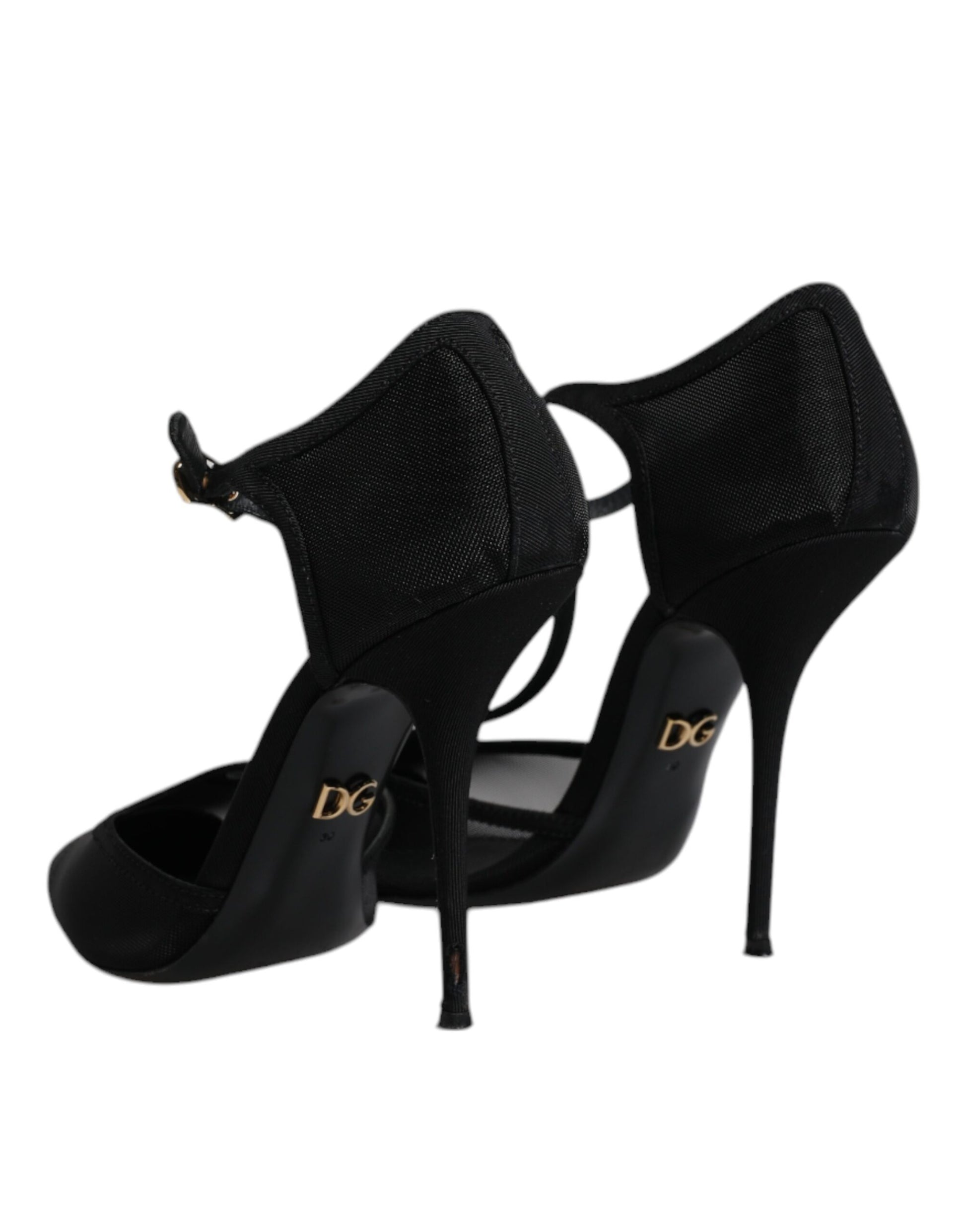 Schwarze High Heels mit T-Riemen aus Mesh und Stiletto