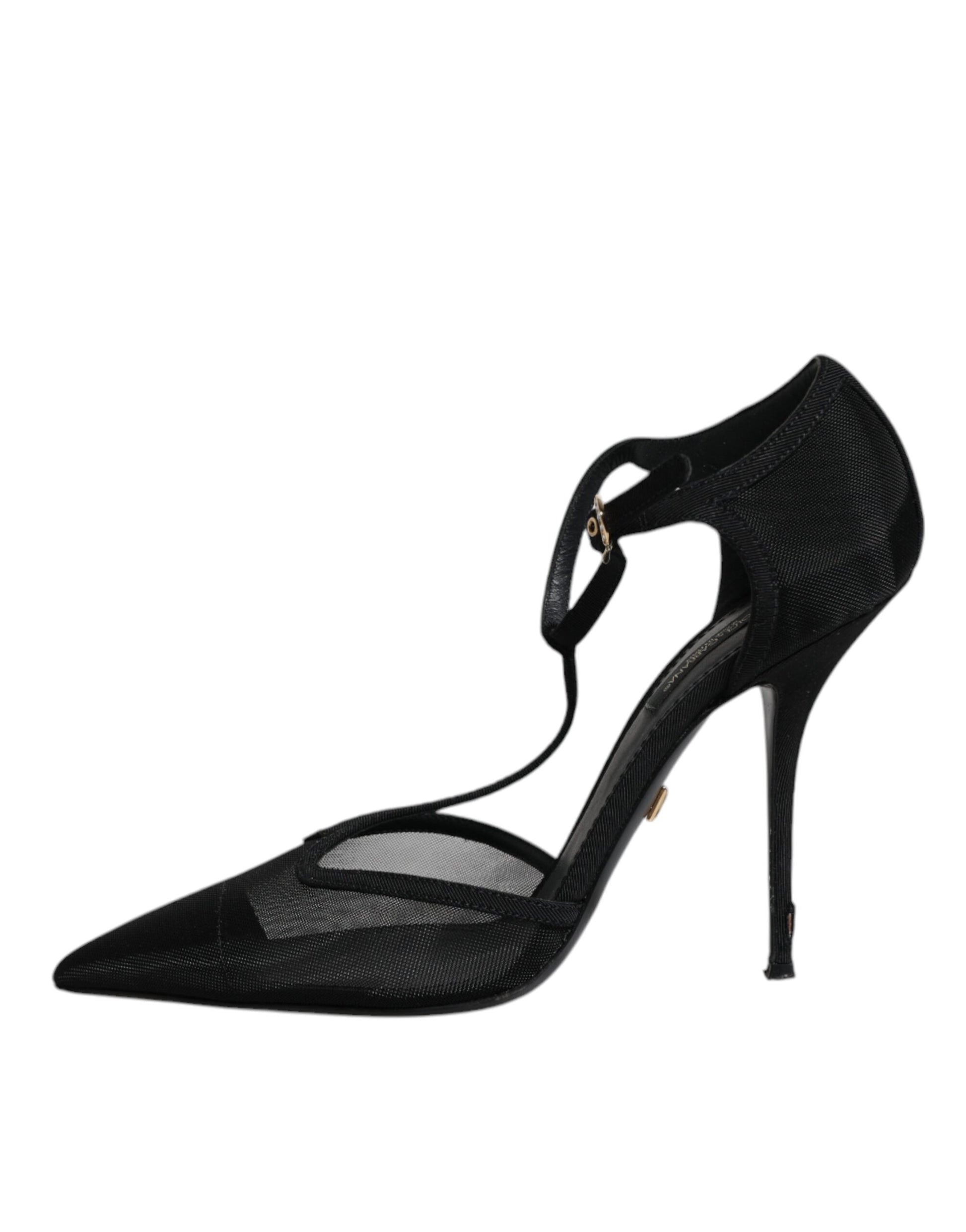 Schwarze High Heels mit T-Riemen aus Mesh und Stiletto