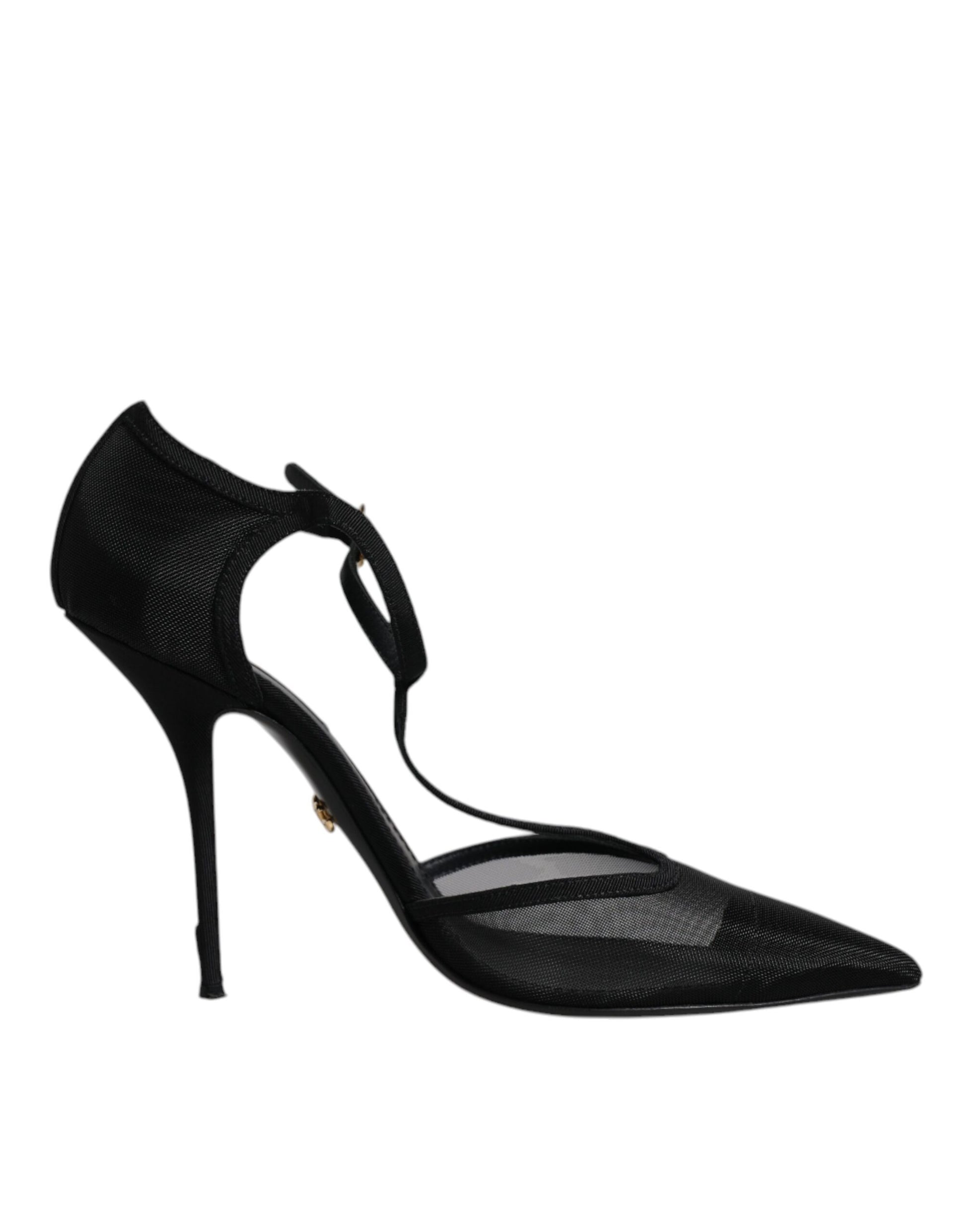 Schwarze High Heels mit T-Riemen aus Mesh und Stiletto