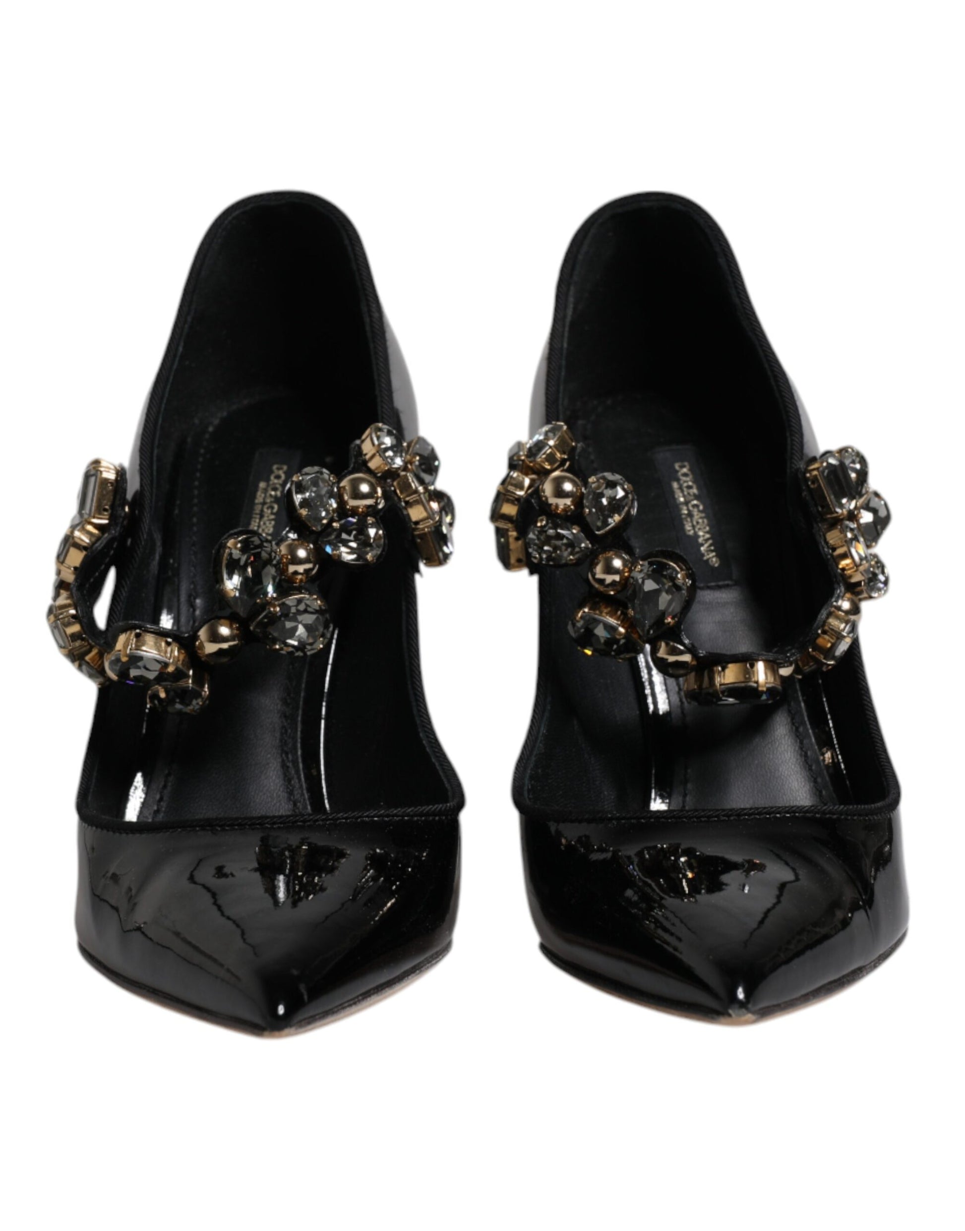 Schwarze Mary Jane Pumps aus Leder mit Kristallen