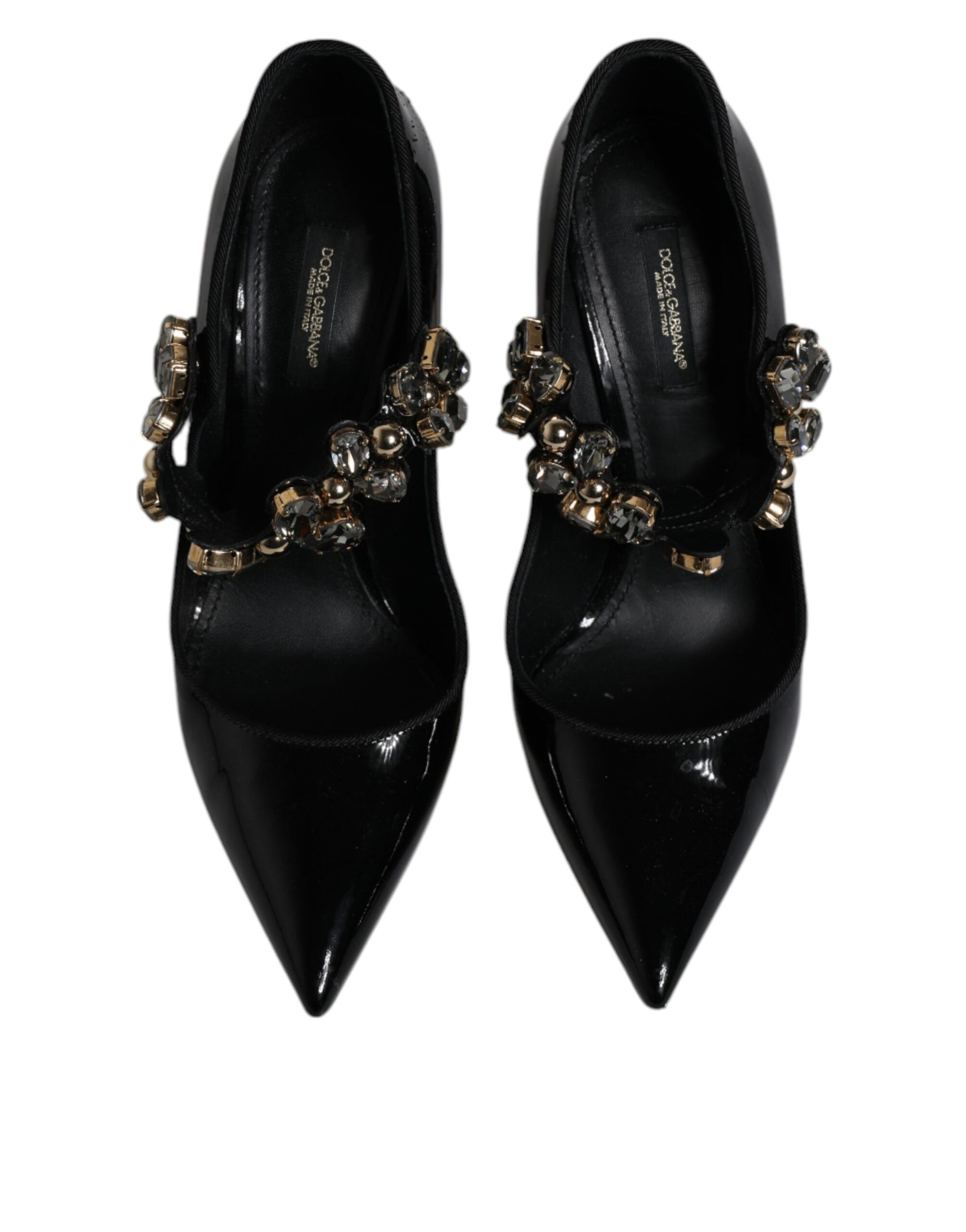 Schwarze Mary Jane Pumps aus Leder mit Kristallen