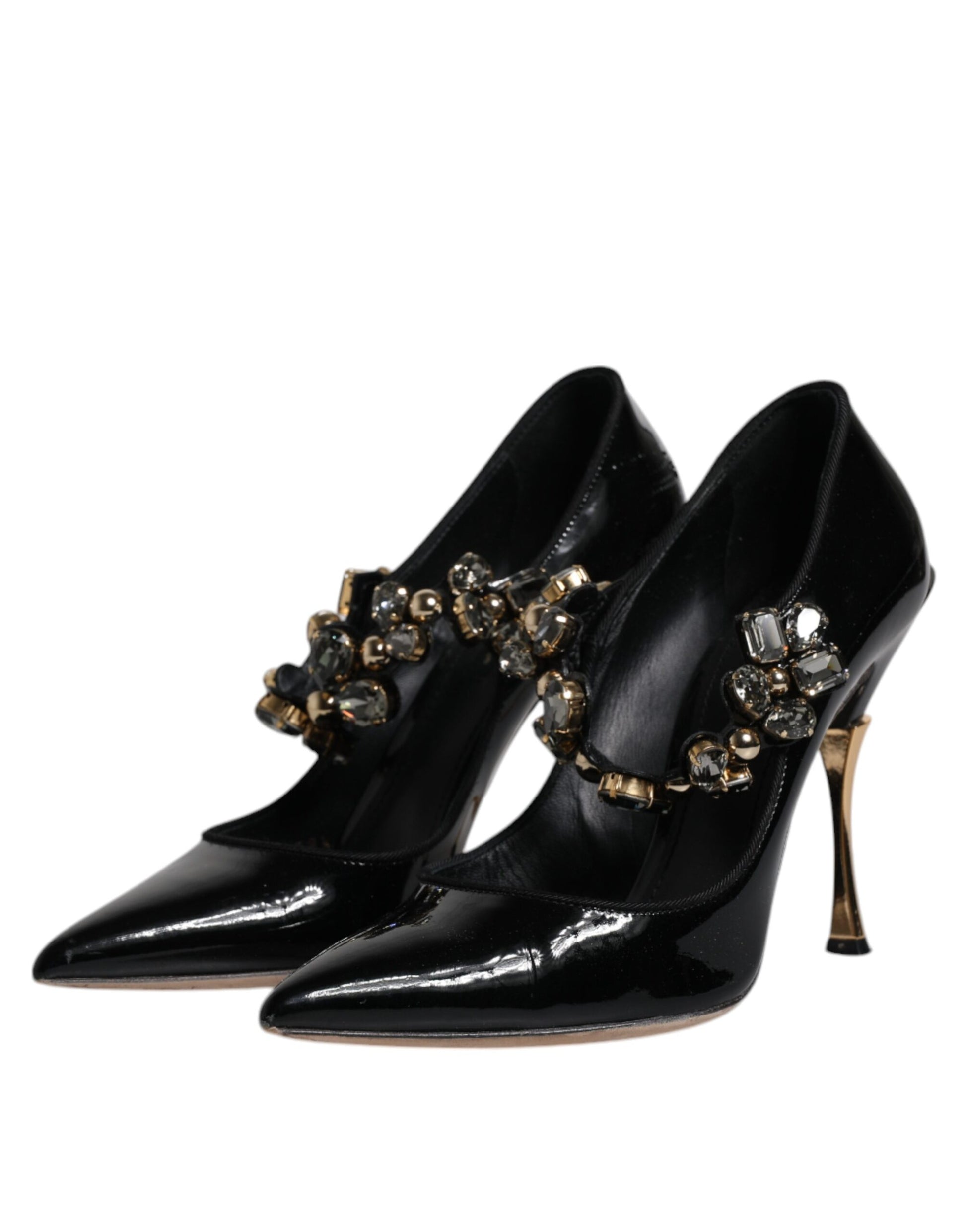Schwarze Mary Jane Pumps aus Leder mit Kristallen