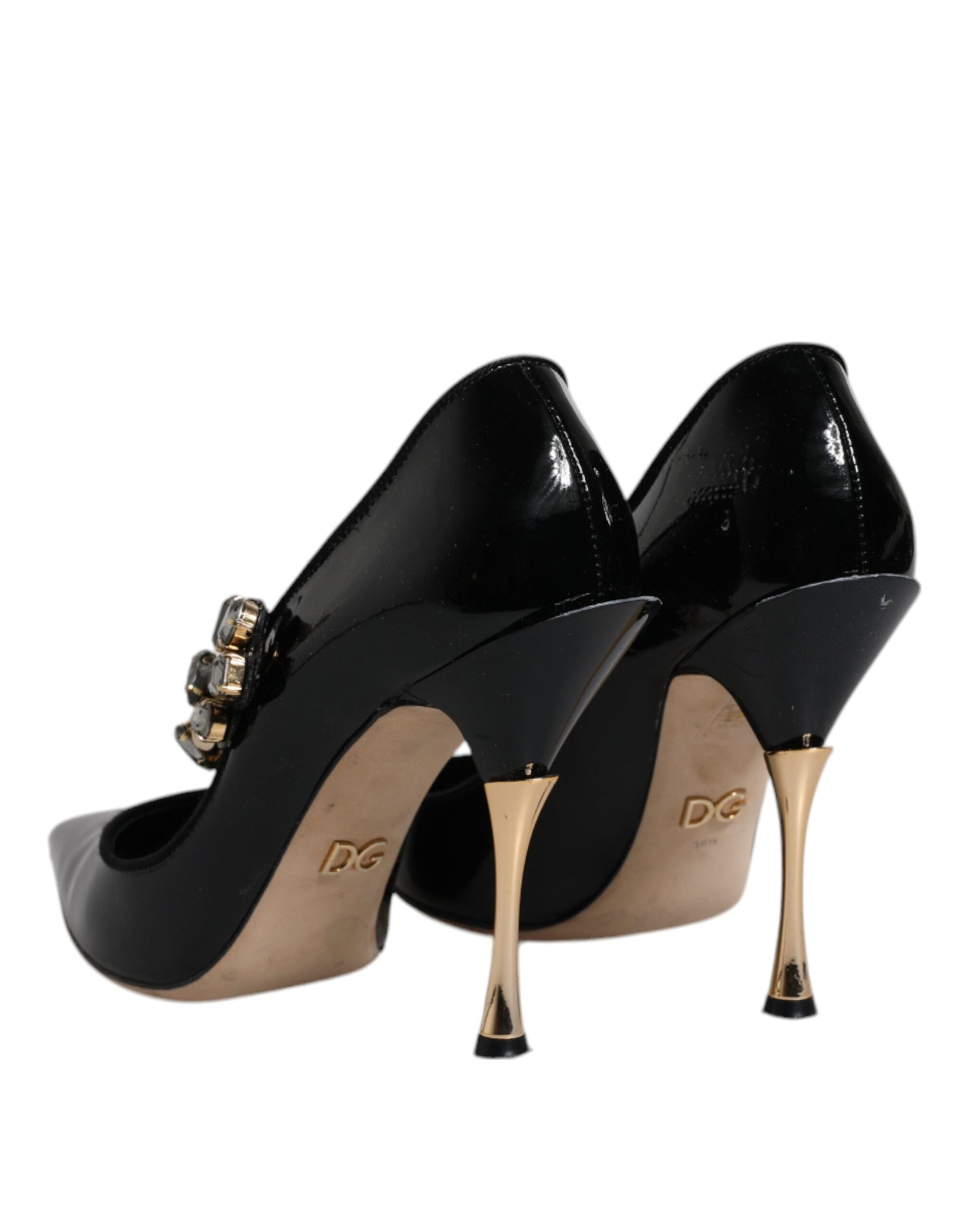 Schwarze Mary Jane Pumps aus Leder mit Kristallen