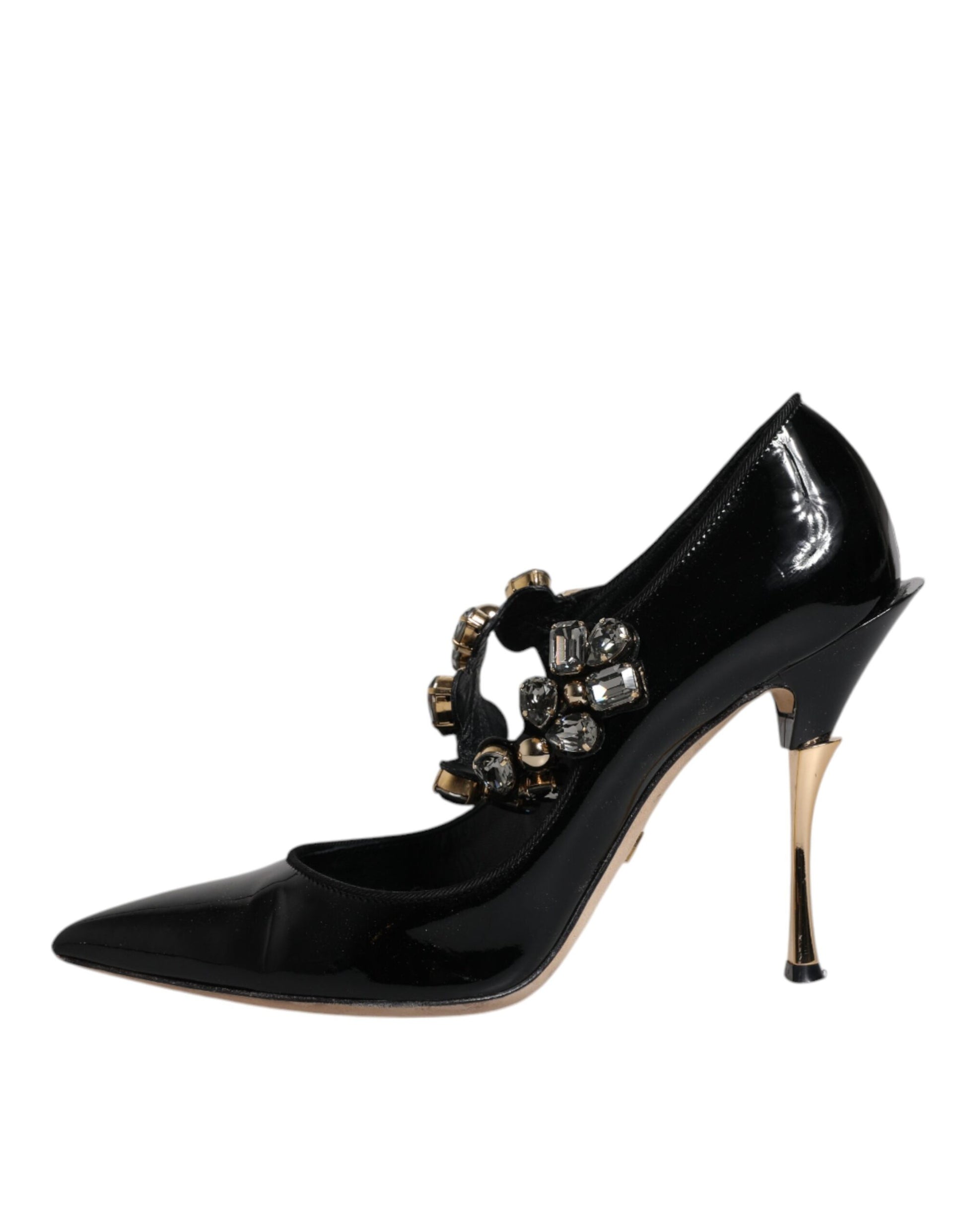 Schwarze Mary Jane Pumps aus Leder mit Kristallen