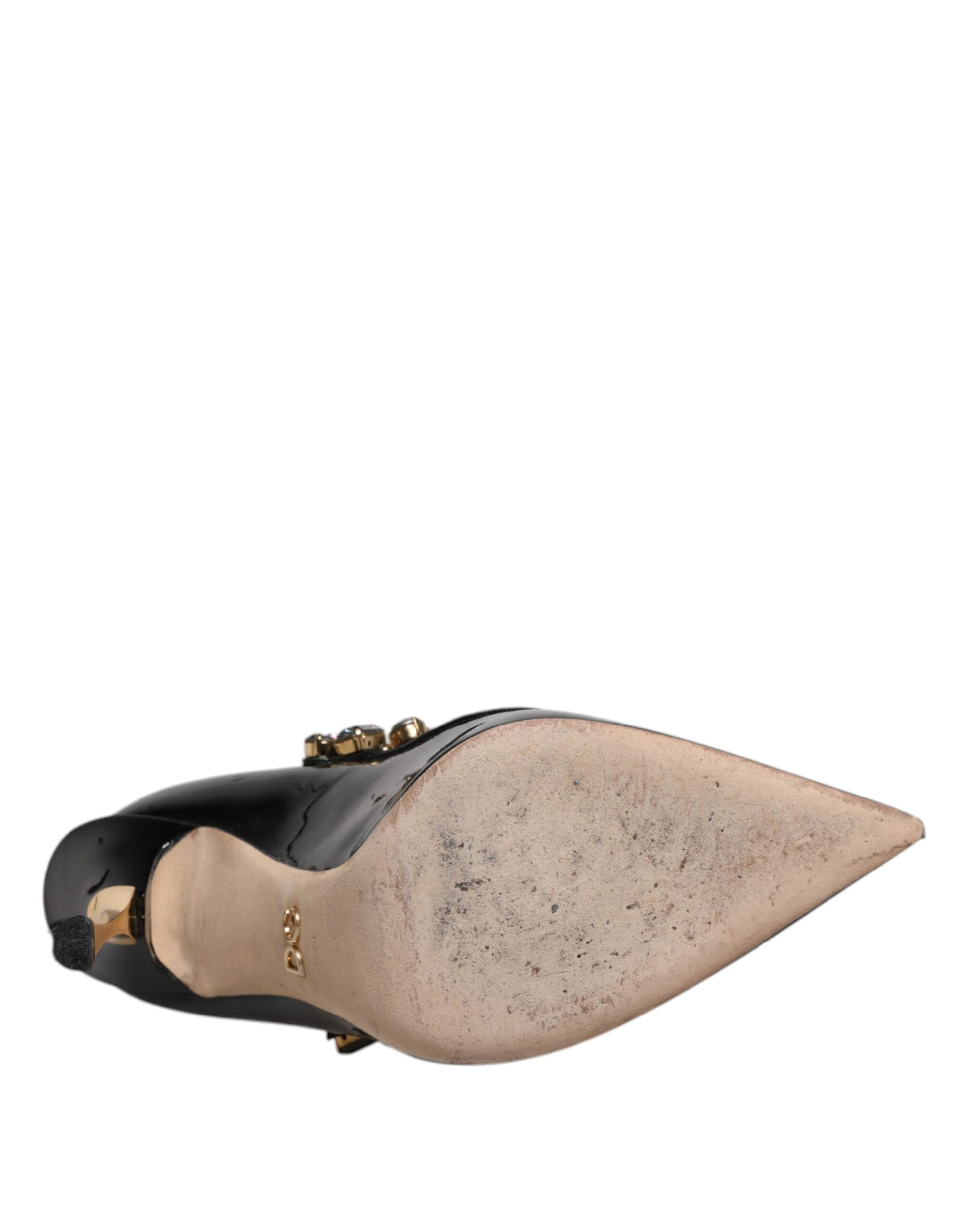 Schwarze Mary Jane Pumps aus Leder mit Kristallen