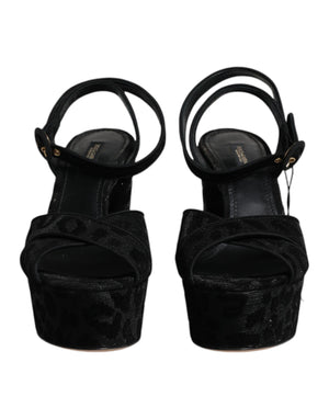 Schwarze Leoparden-Plateau-Heels-Sandalen
