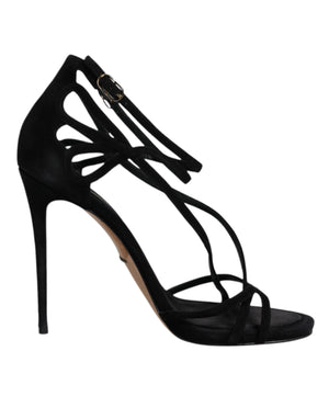 Schwarze Wildleder Knöchelriemen Heels Sandalen Schuhe