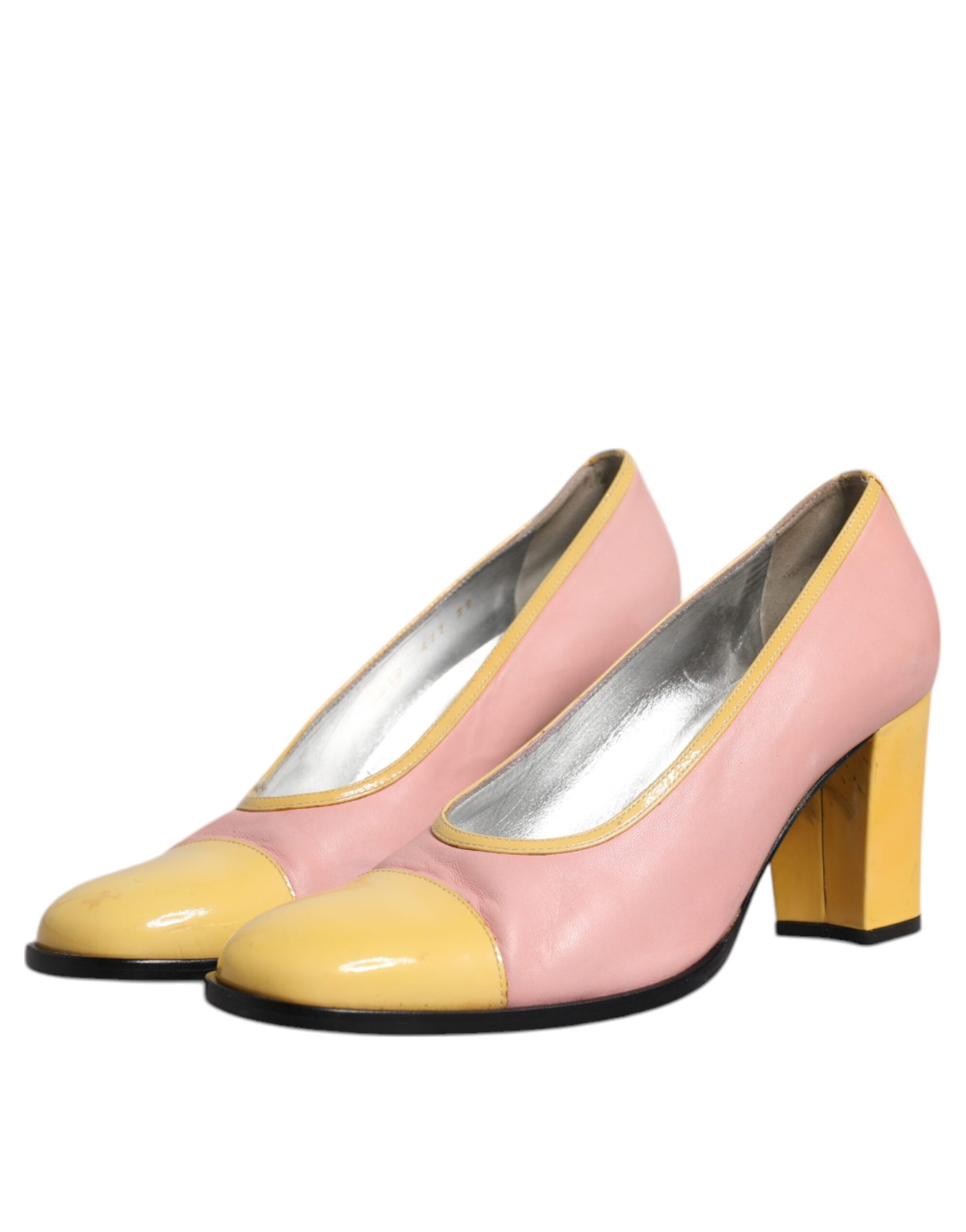 Rosa Gelbe Leder Block Heels Pumps Schuhe