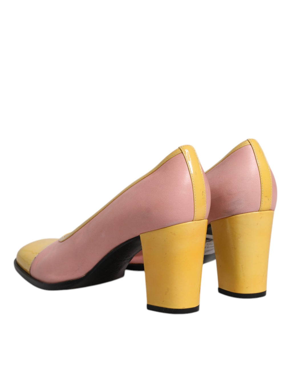 Rosa Gelbe Leder Block Heels Pumps Schuhe
