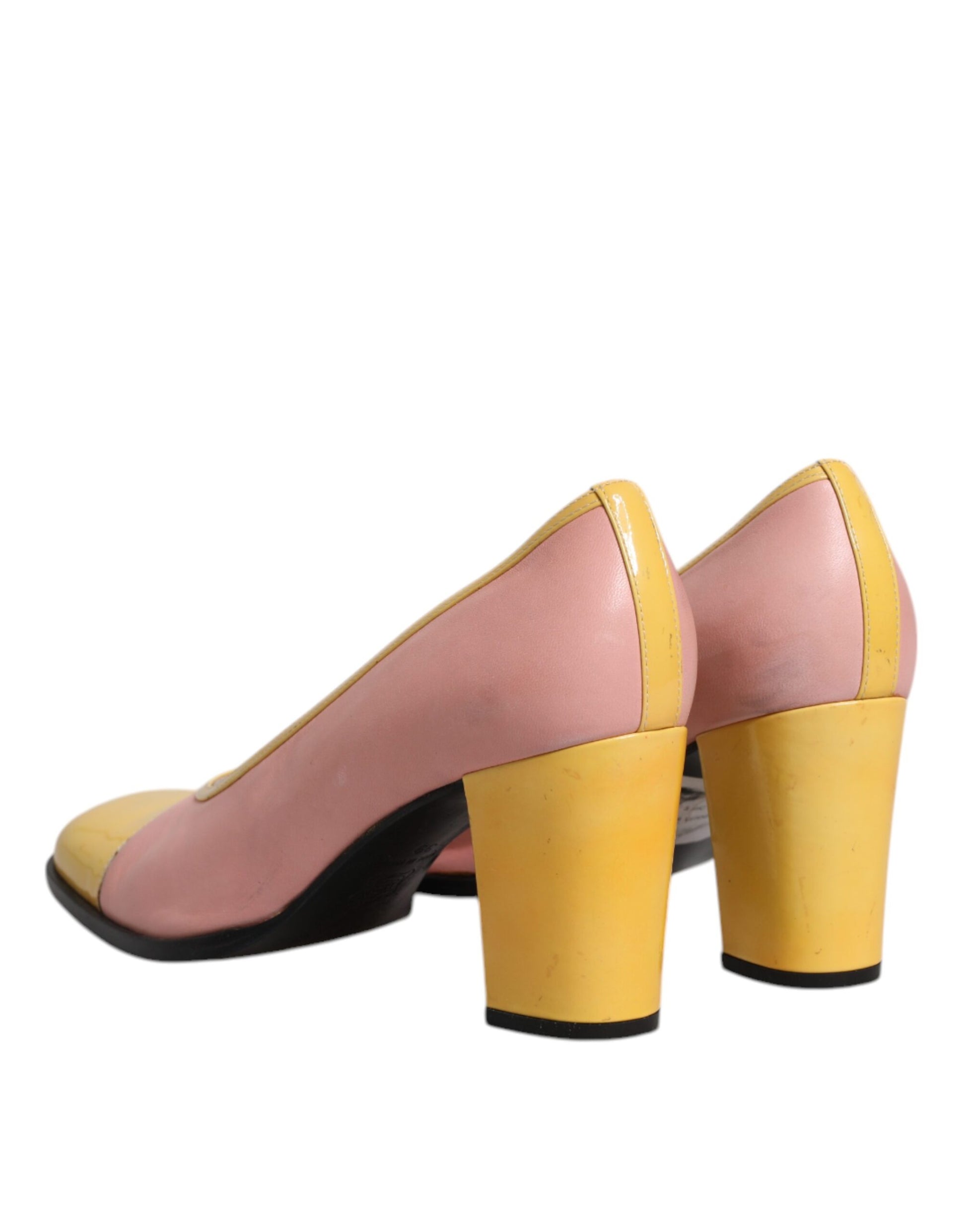 Rosa Gelbe Leder Block Heels Pumps Schuhe