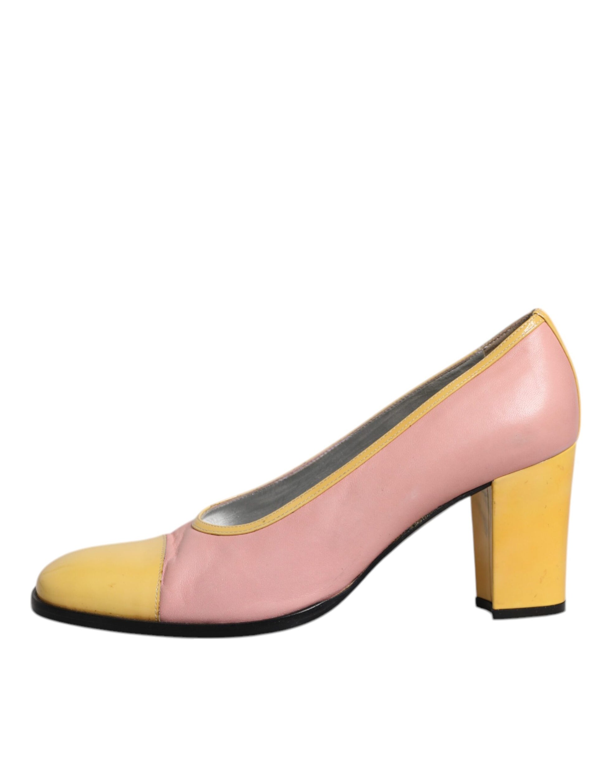 Rosa Gelbe Leder Block Heels Pumps Schuhe