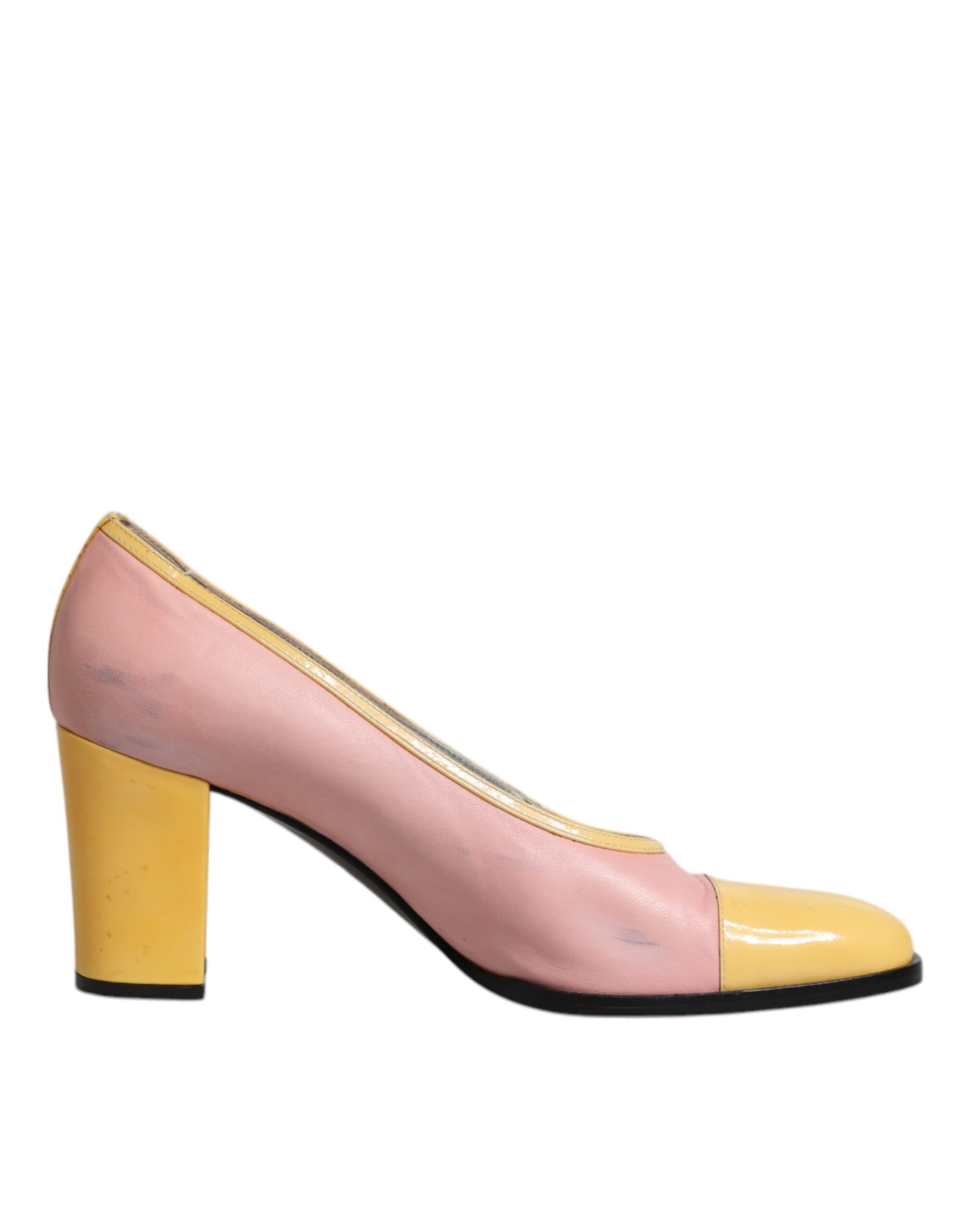 Rosa Gelbe Leder Block Heels Pumps Schuhe