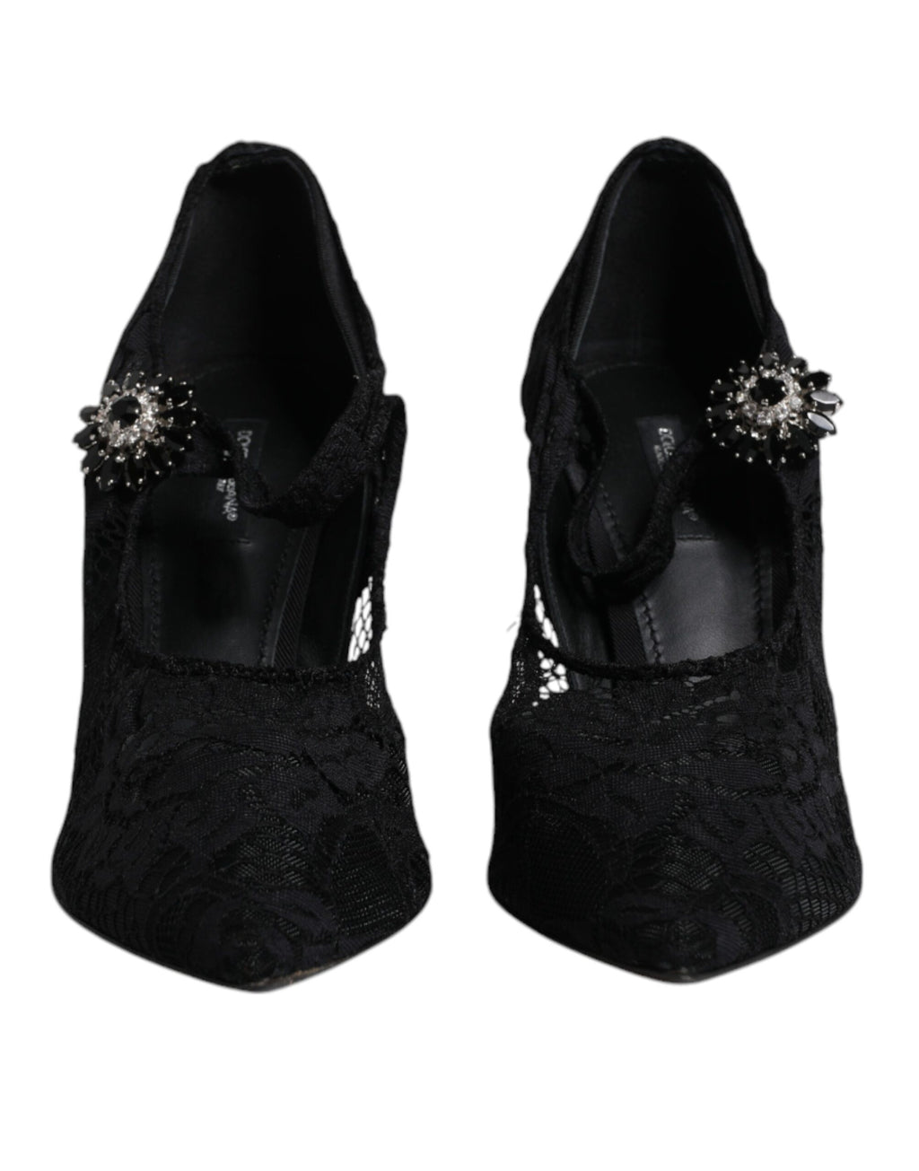 Schwarze Mary Jane Pumps mit Spitze und Kristallen
