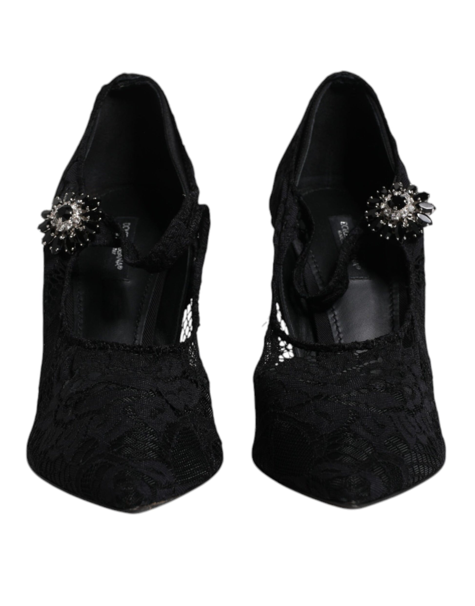 Schwarze Mary Jane Pumps mit Spitze und Kristallen