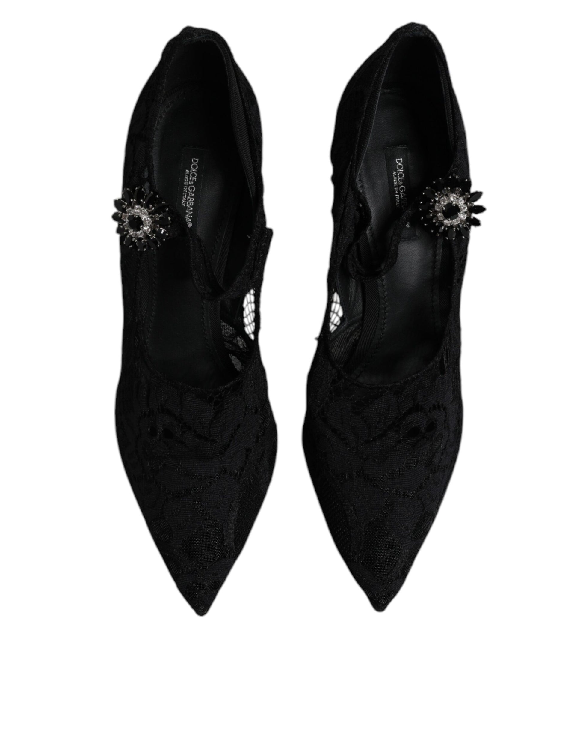 Schwarze Mary Jane Pumps mit Spitze und Kristallen