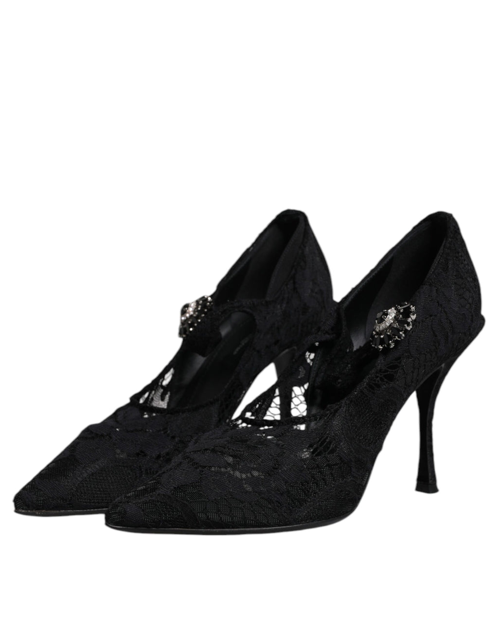 Schwarze Mary Jane Pumps mit Spitze und Kristallen