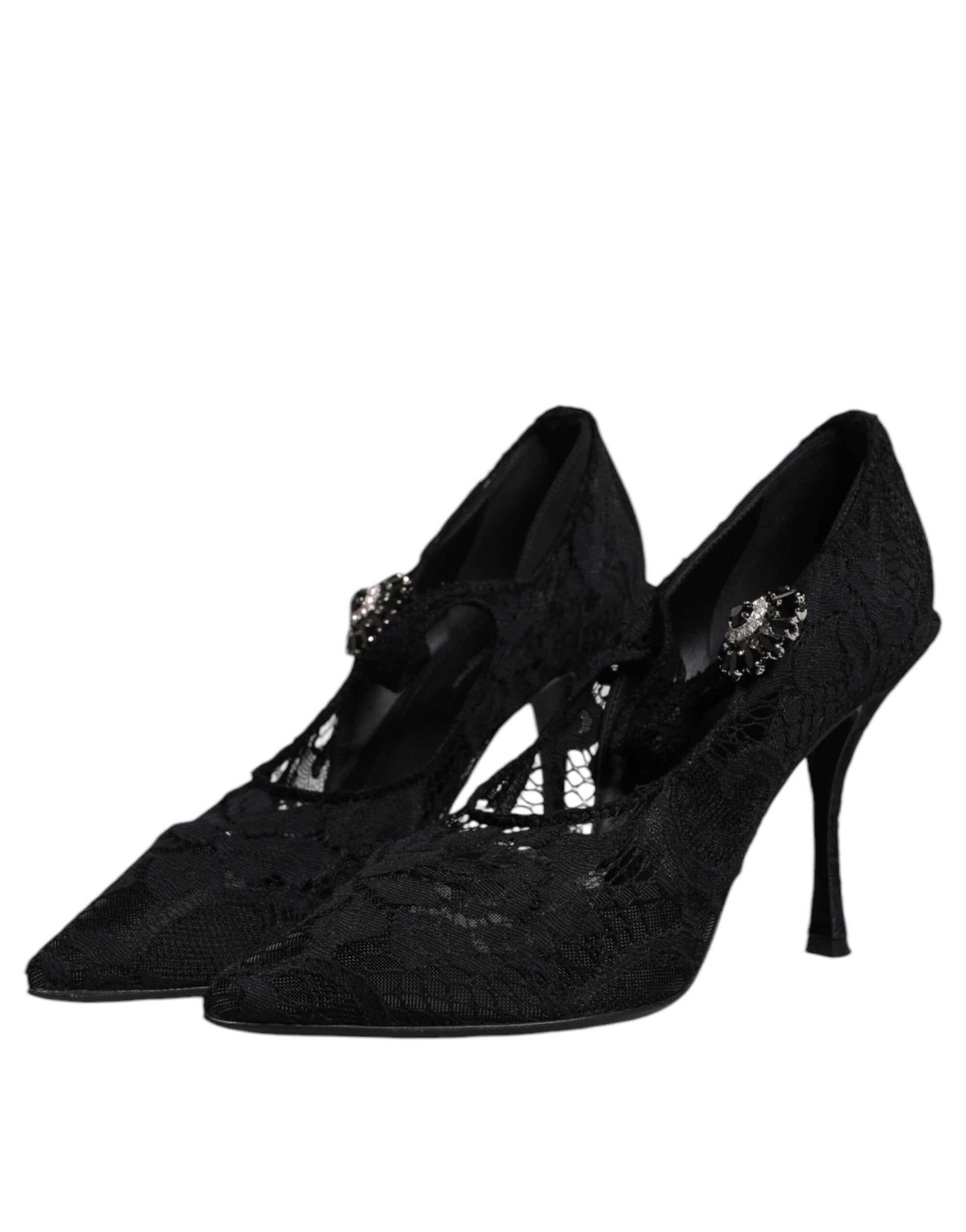 Schwarze Mary Jane Pumps mit Spitze und Kristallen