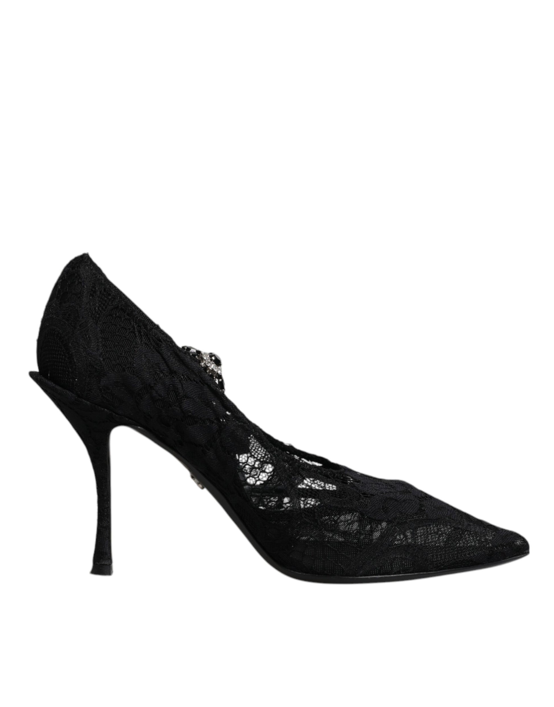 Schwarze Mary Jane Pumps mit Spitze und Kristallen