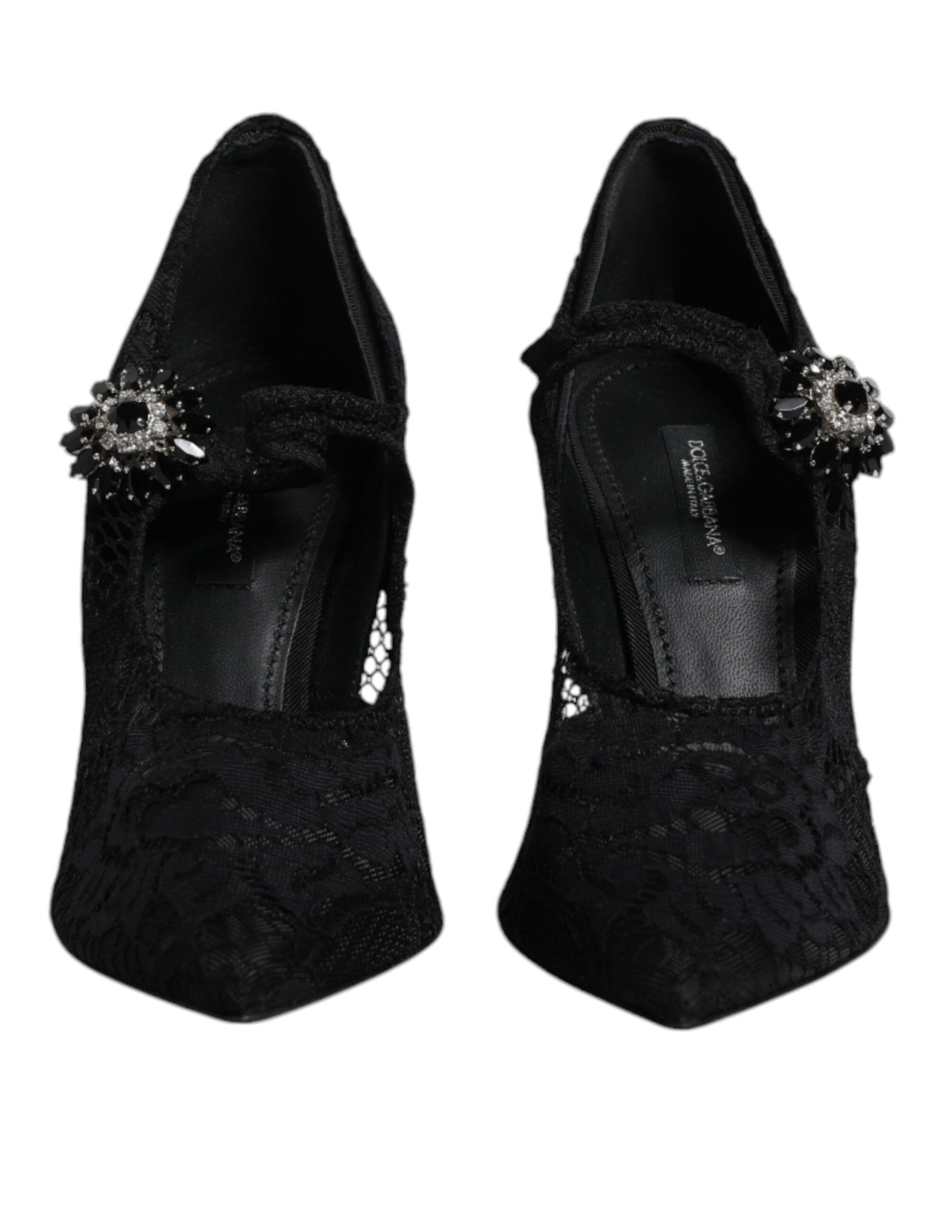 Schwarze Mary Jane Pumps mit Spitze und Kristallen