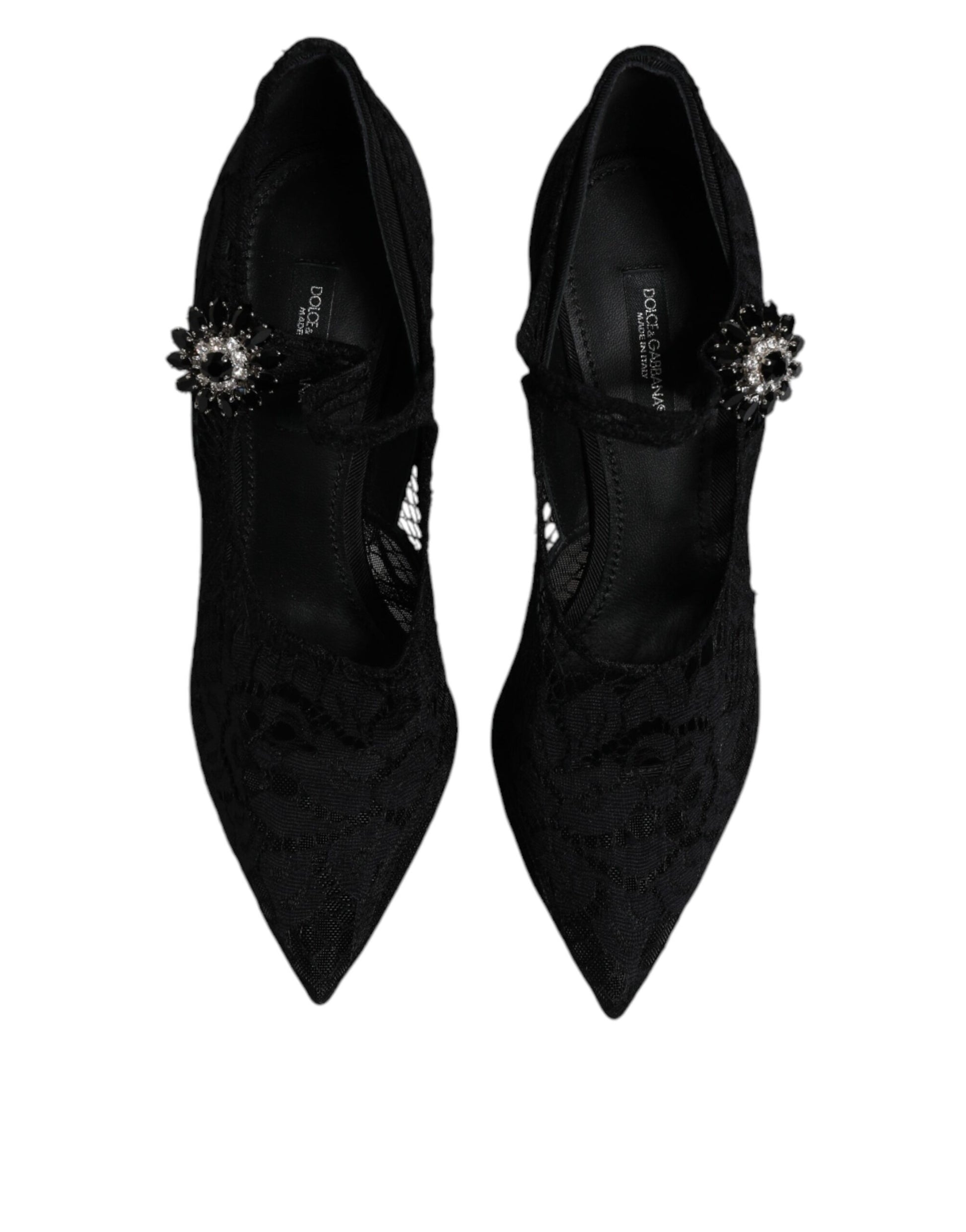 Schwarze Mary Jane Pumps mit Spitze und Kristallen