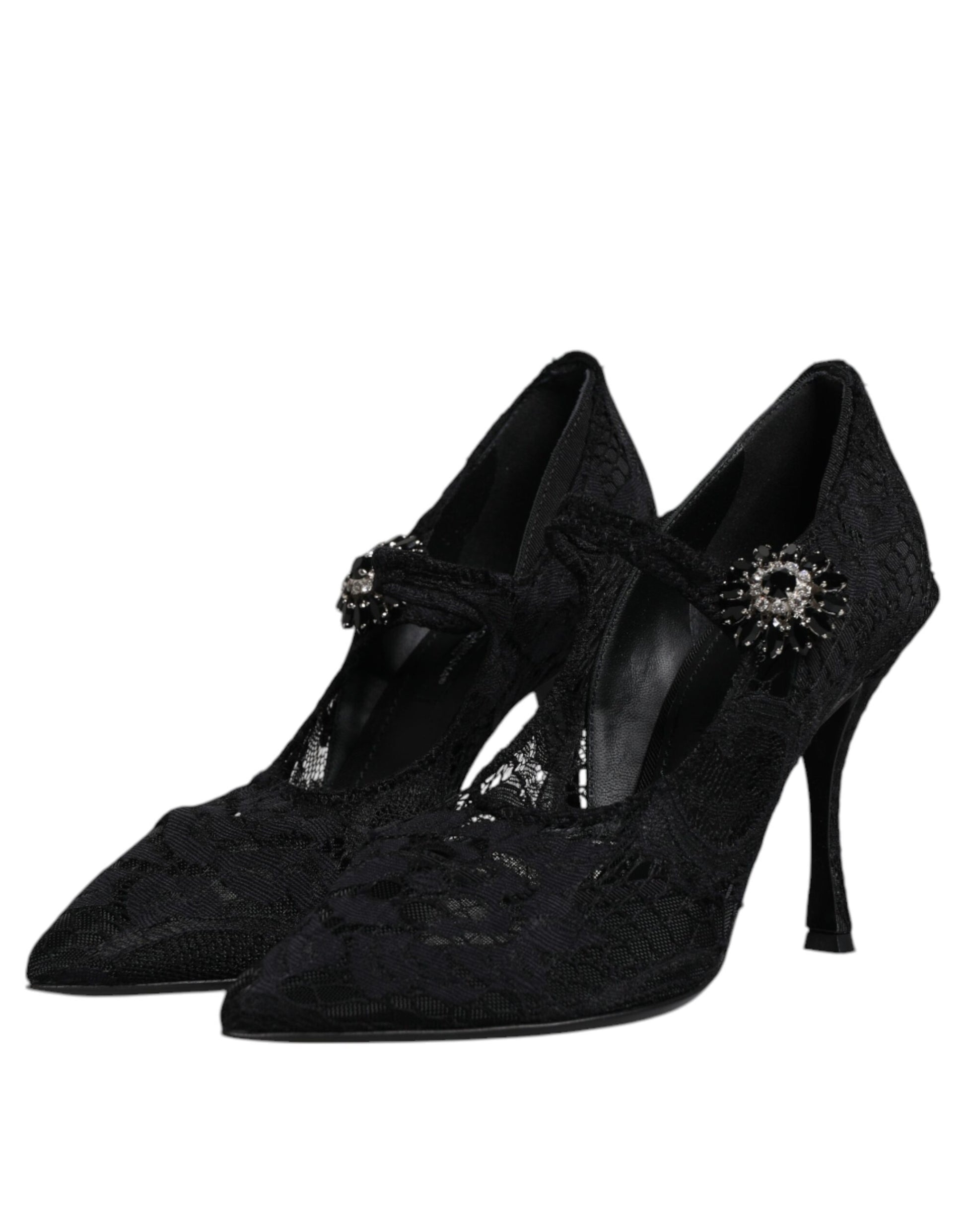 Schwarze Mary Jane Pumps mit Spitze und Kristallen