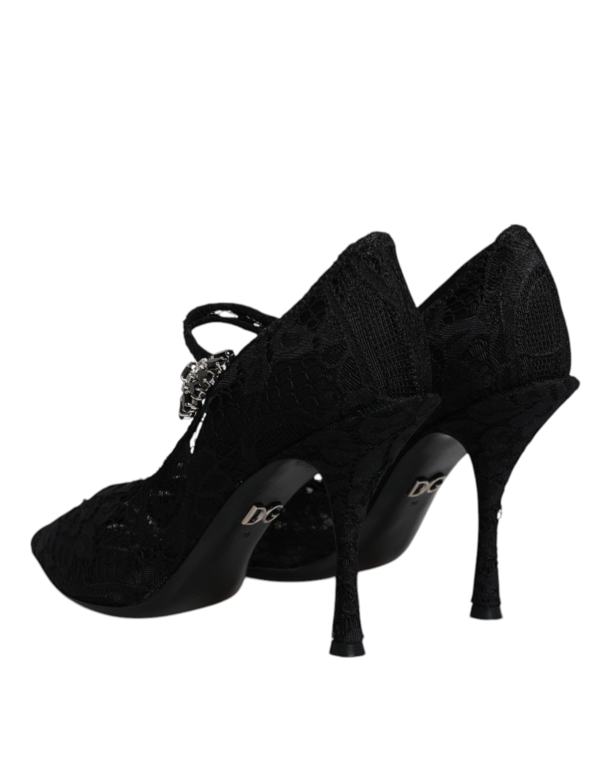 Schwarze Mary Jane Pumps mit Spitze und Kristallen