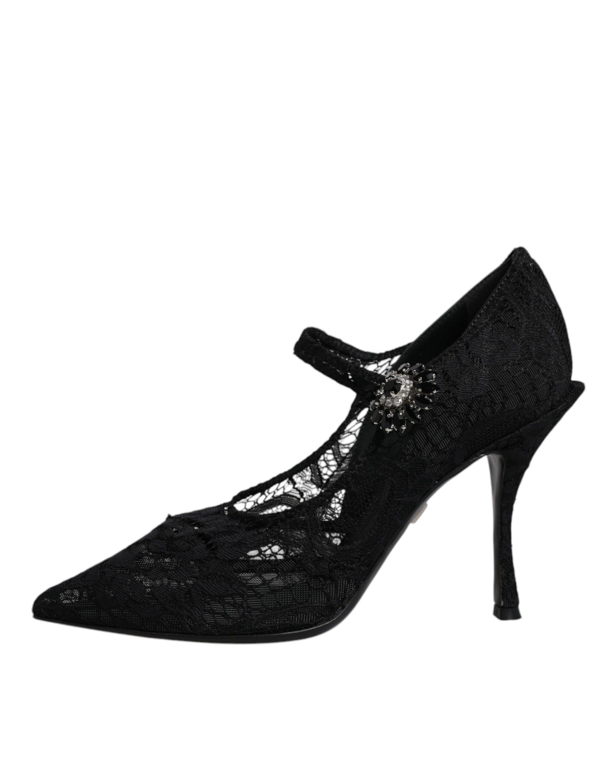 Schwarze Mary Jane Pumps mit Spitze und Kristallen