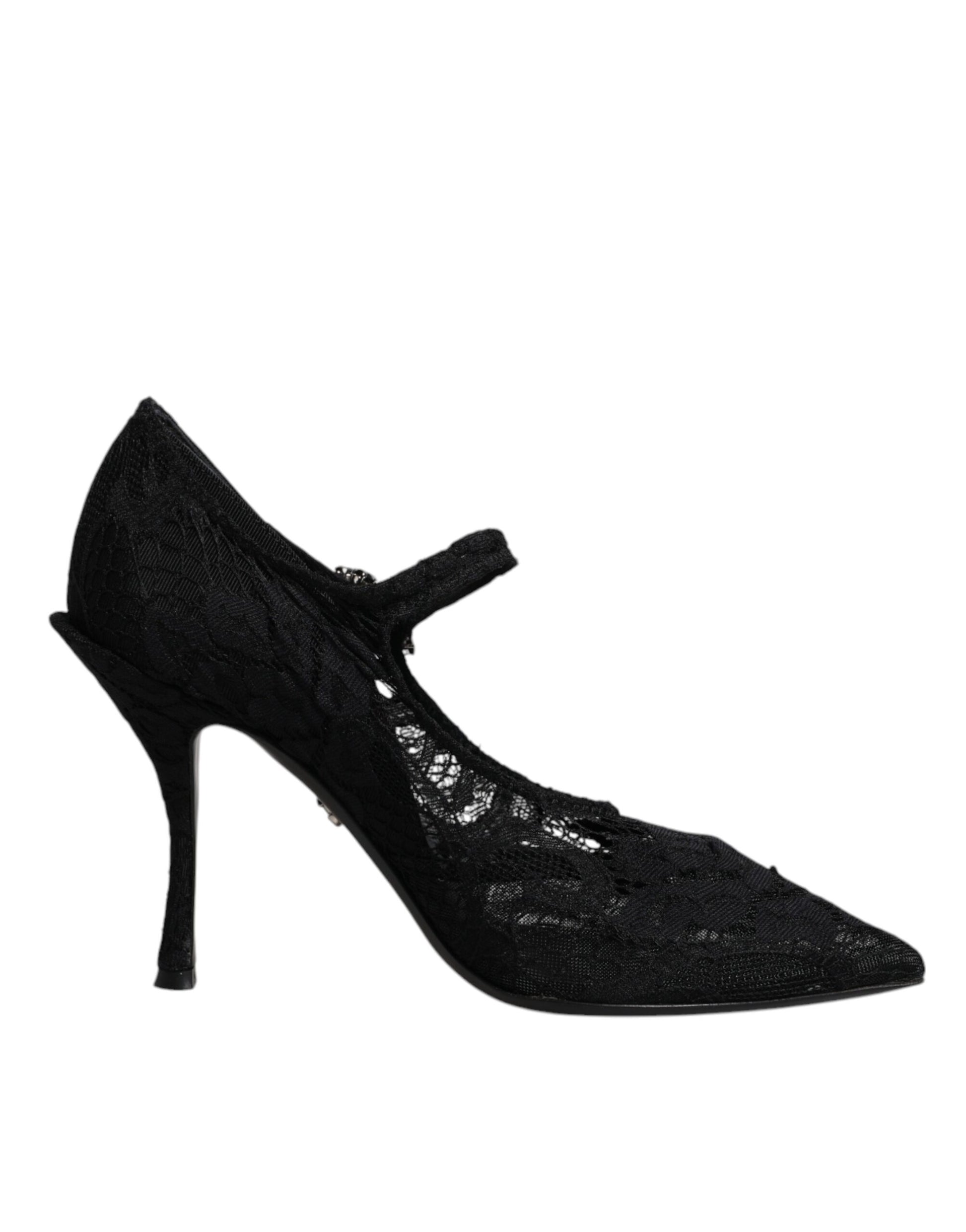 Schwarze Mary Jane Pumps mit Spitze und Kristallen