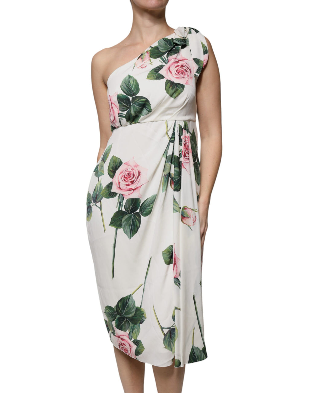 Weißes One-Shoulder-Midikleid aus Seide mit Blumenmuster