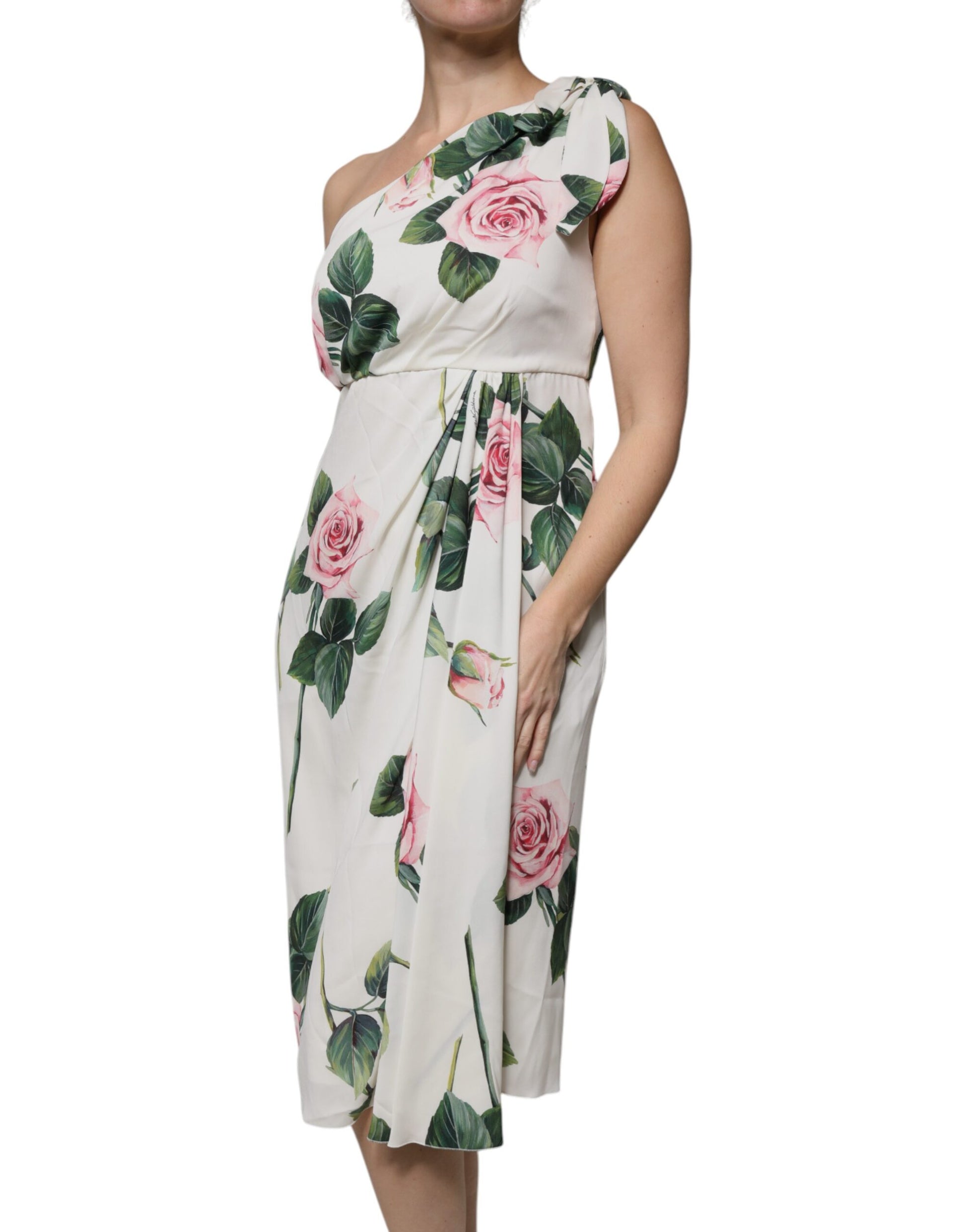 Weißes One-Shoulder-Midikleid aus Seide mit Blumenmuster