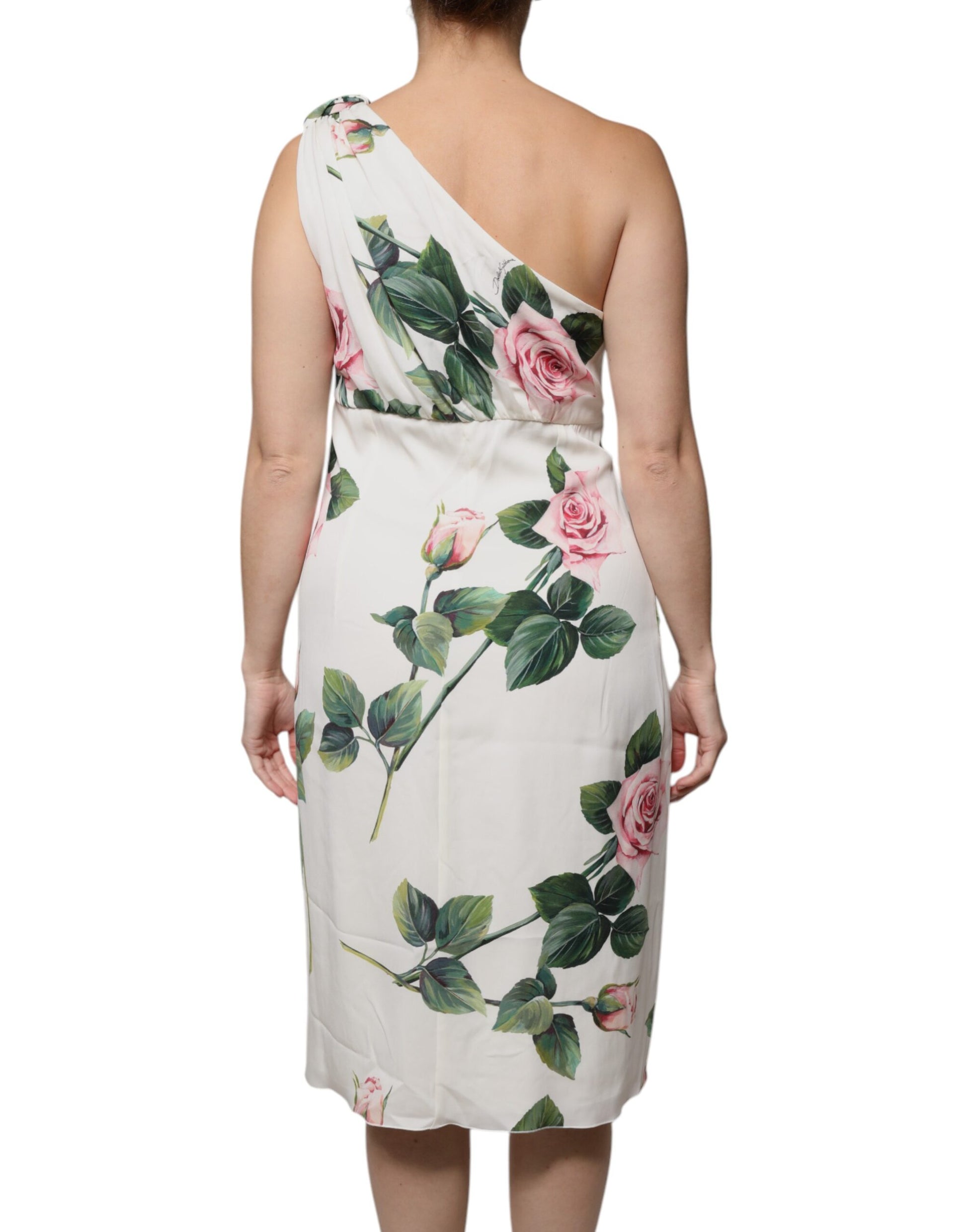 Weißes One-Shoulder-Midikleid aus Seide mit Blumenmuster