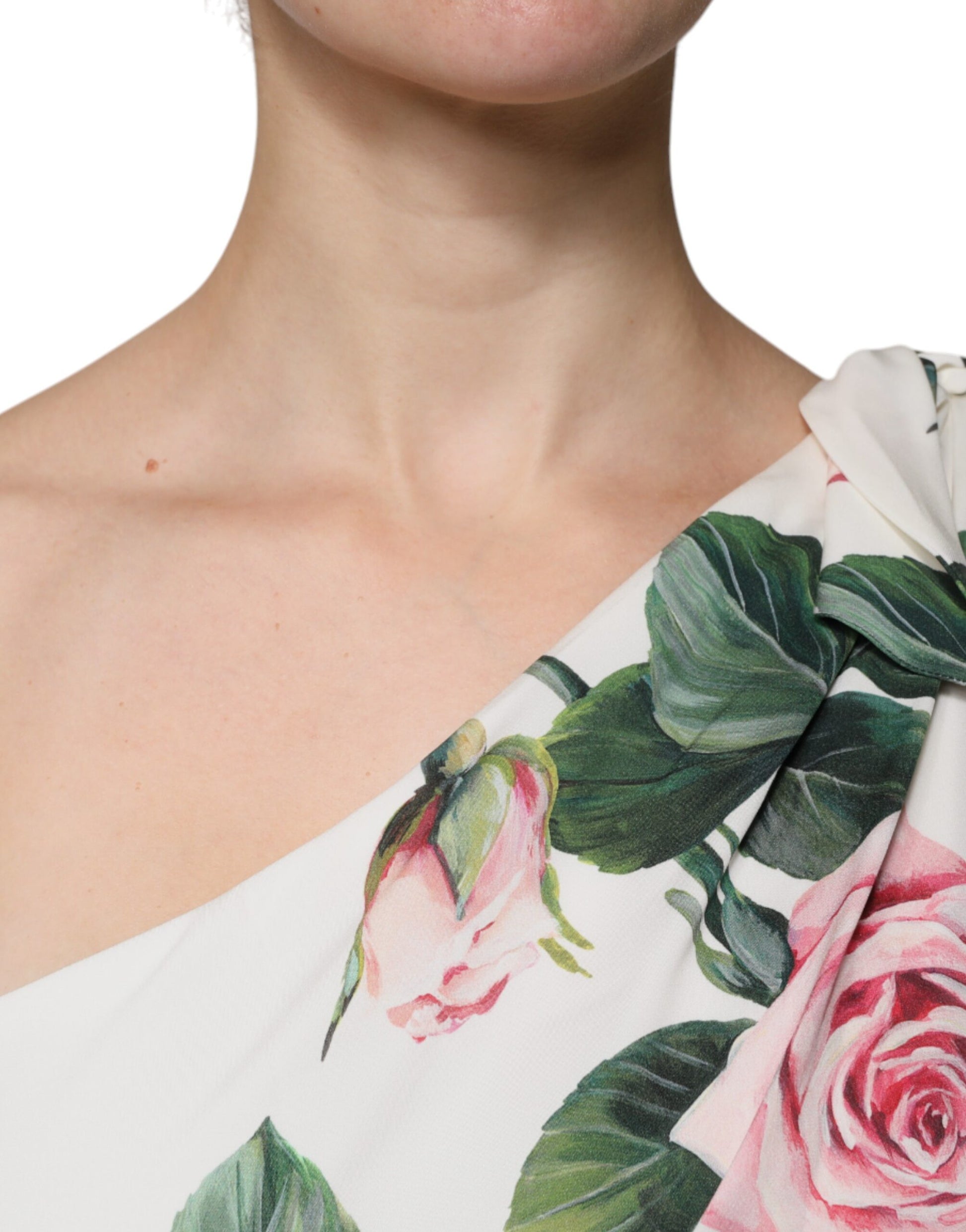 Weißes One-Shoulder-Midikleid aus Seide mit Blumenmuster
