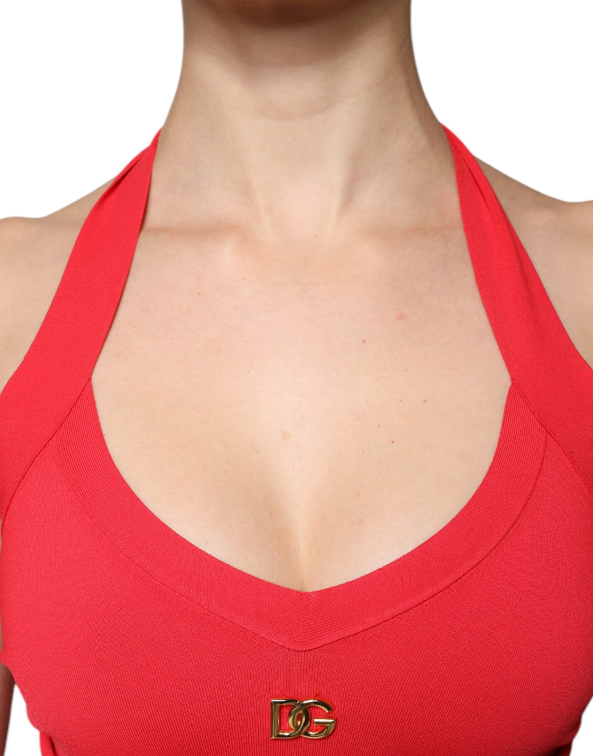 Rotes, ärmelloses Neckholder-Tanktop aus Viskose