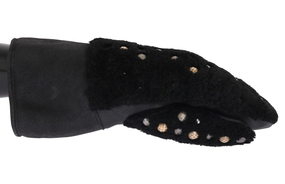 Schwarze Lammfell-Lederhandschuhe mit Nieten