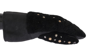 Schwarze Lammfell-Lederhandschuhe mit Nieten