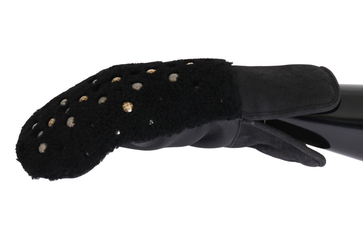 Schwarze Lammfell-Lederhandschuhe mit Nieten