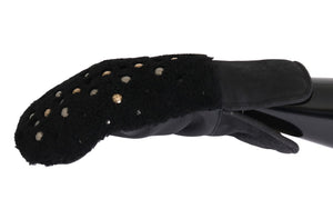 Schwarze Lammfell-Lederhandschuhe mit Nieten