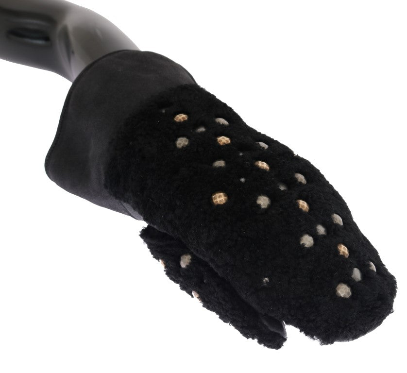 Schwarze Lammfell-Lederhandschuhe mit Nieten
